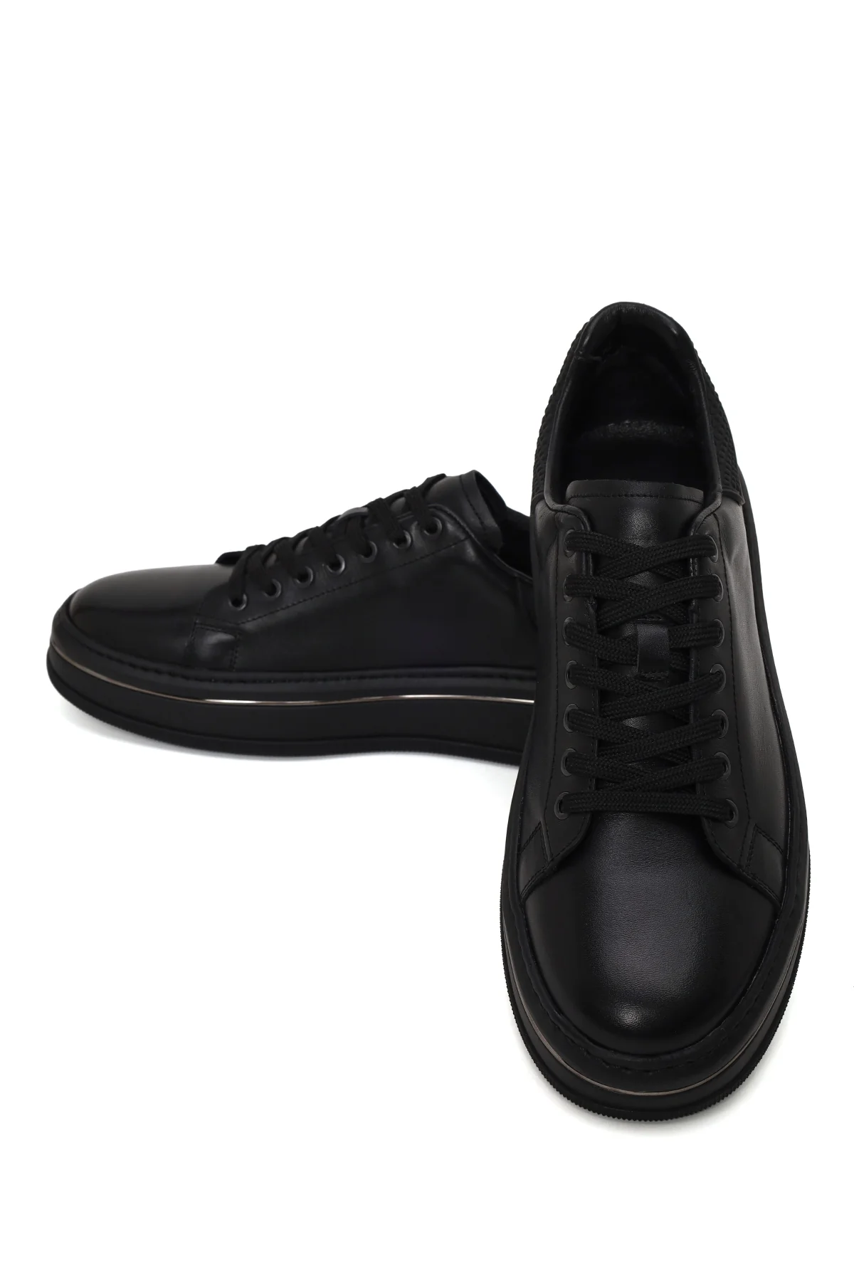 Erkek Siyah Bağcıklı Kalın Tabanlı Deri Sneaker - Image 12