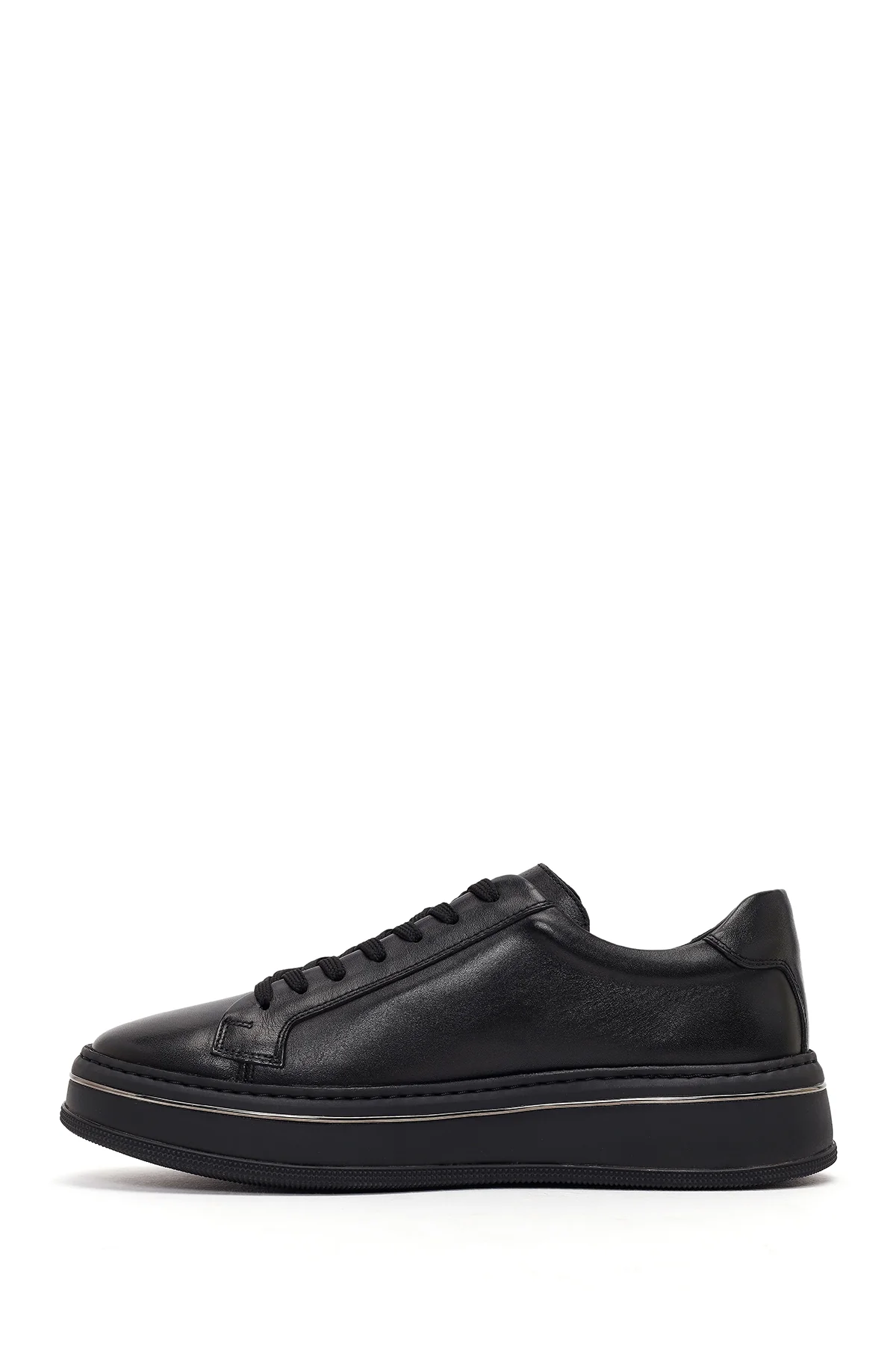 Erkek Siyah Bağcıklı Kalın Tabanlı Deri Sneaker - Image 3