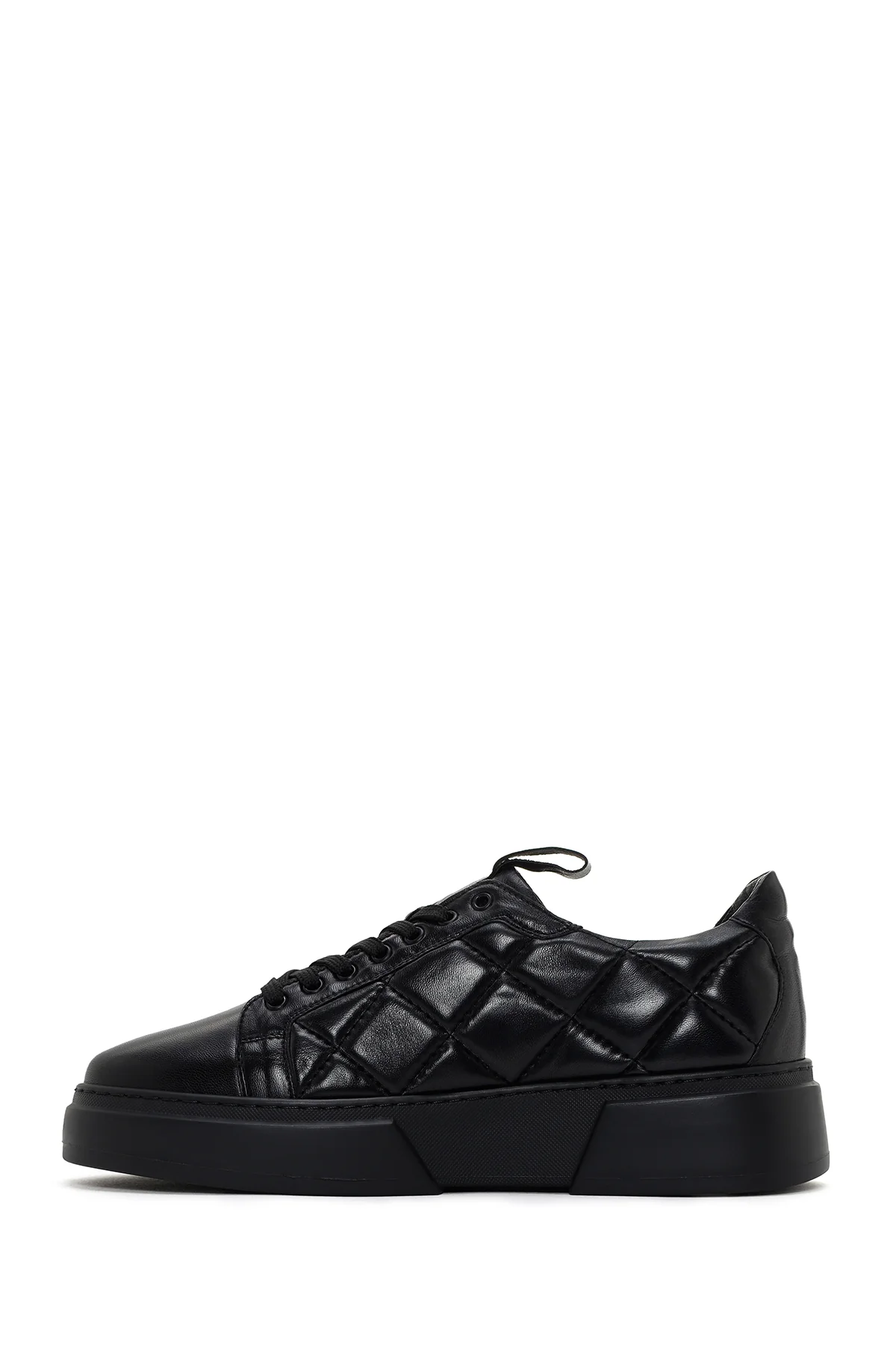Erkek Siyah Bağcıklı Kapitone Deri Casual Sneaker - Image 2