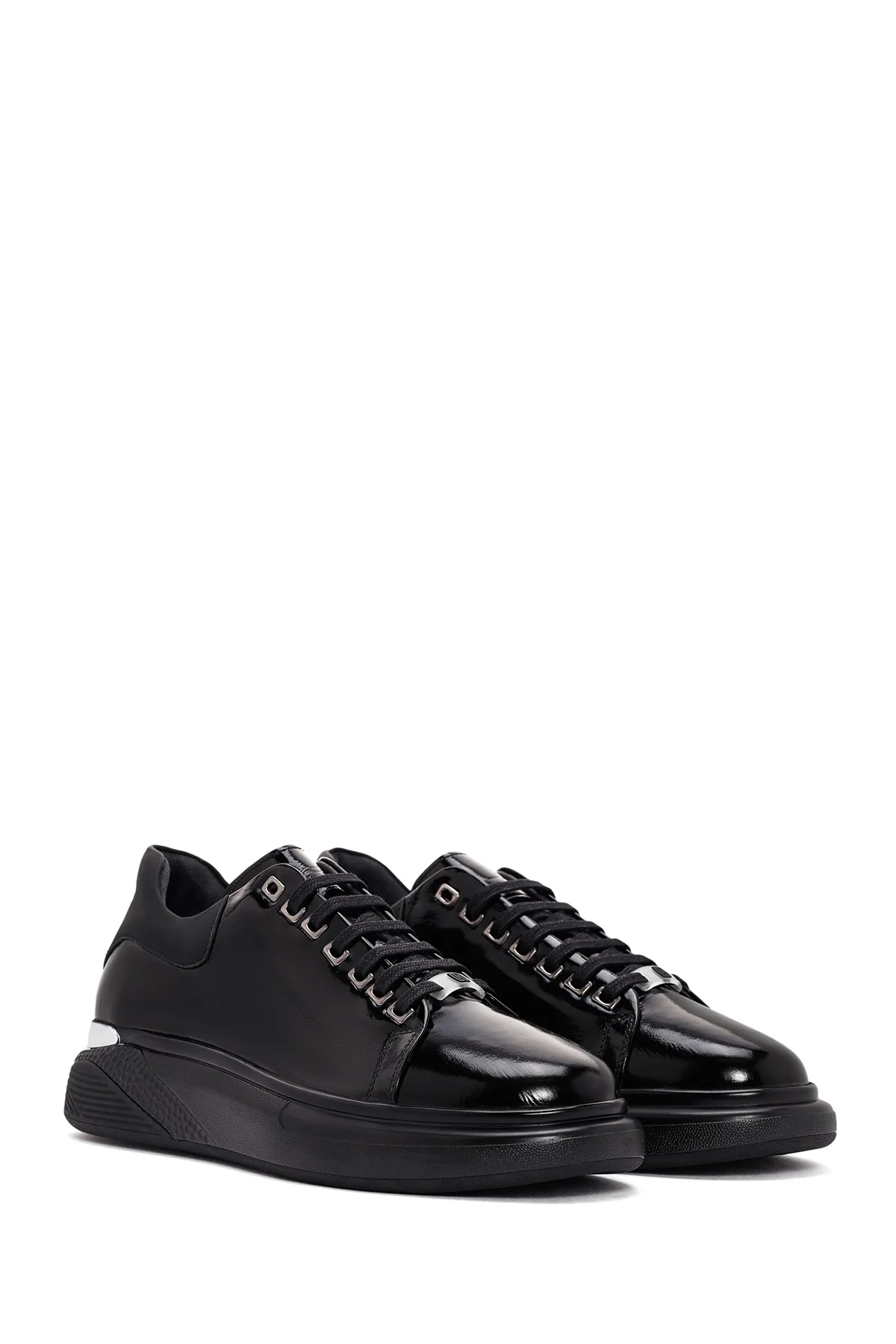 Erkek Siyah Bağcıklı Rugan Deri Sneaker - Image 3
