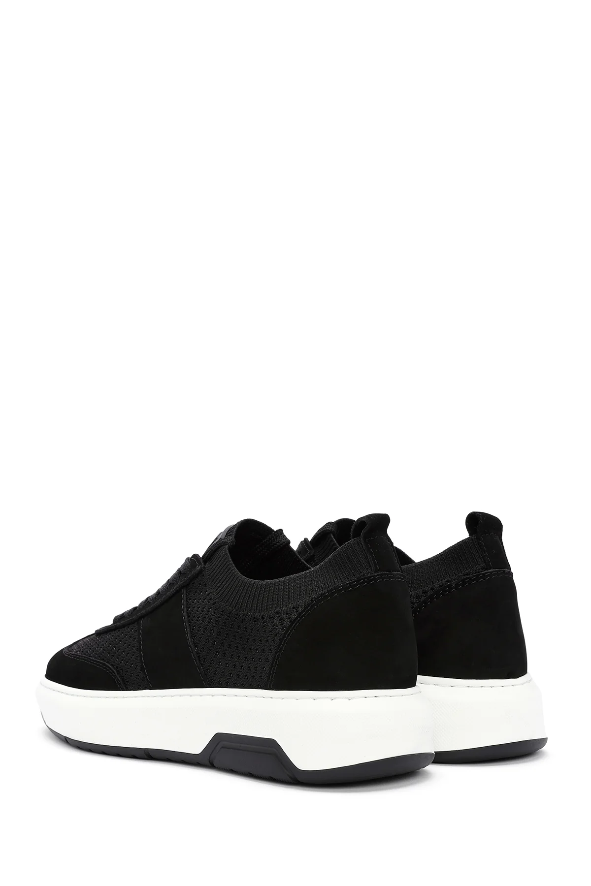 Erkek Siyah Deri Detaylı Bağcıklı Kumaş Sneaker - Image 5