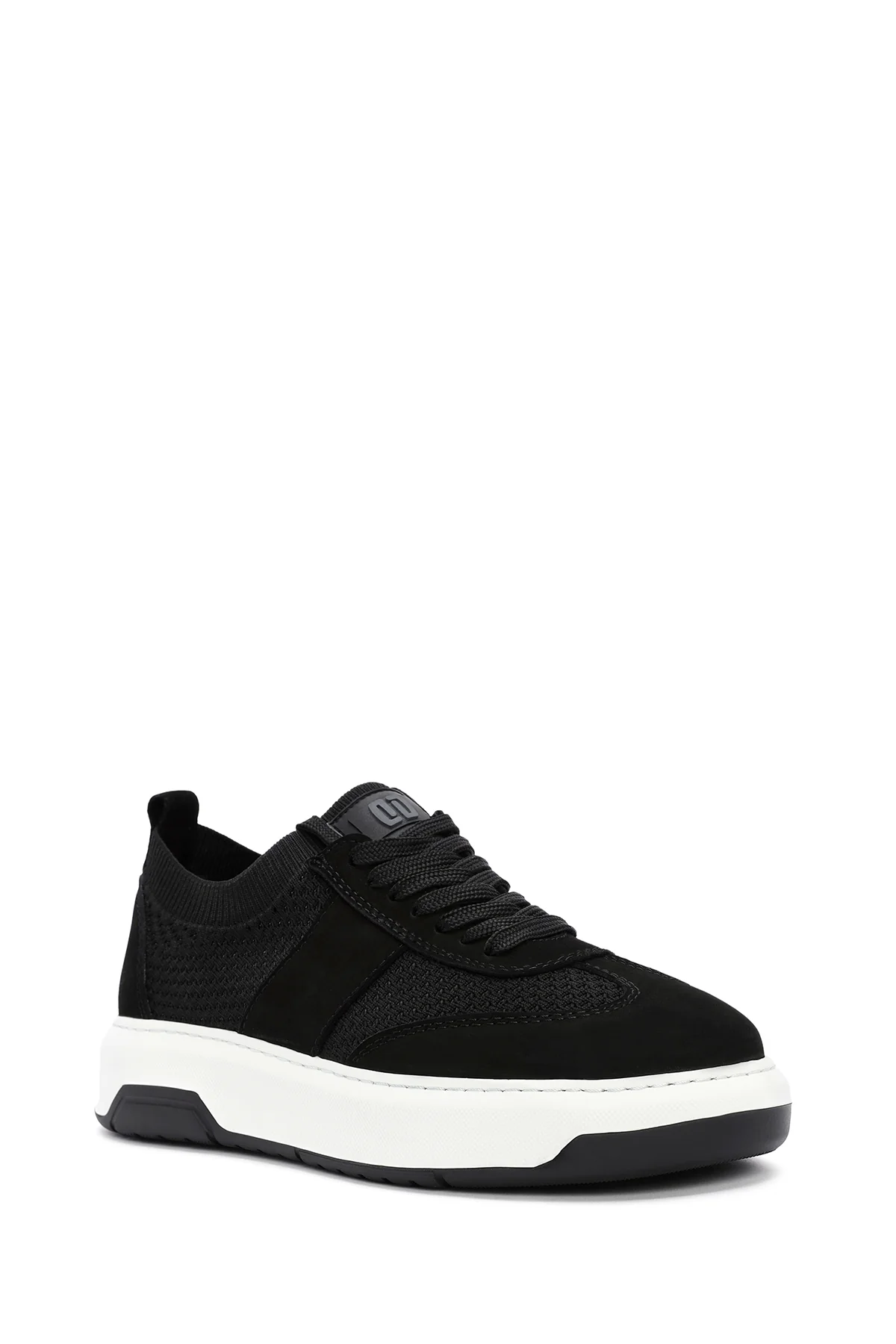 Erkek Siyah Deri Detaylı Bağcıklı Kumaş Sneaker - Image 6