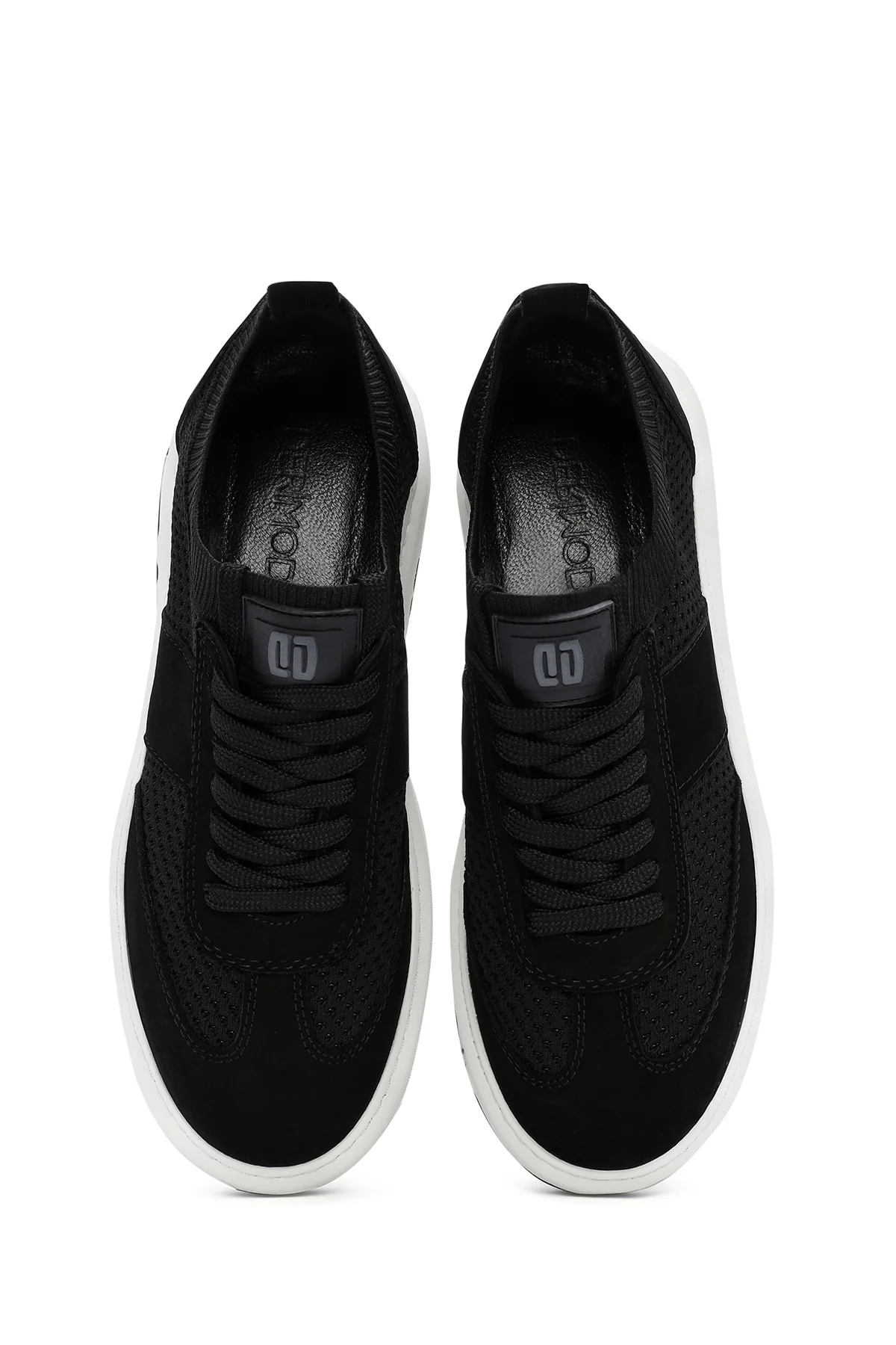Erkek Siyah Deri Detaylı Bağcıklı Kumaş Sneaker - Image 7