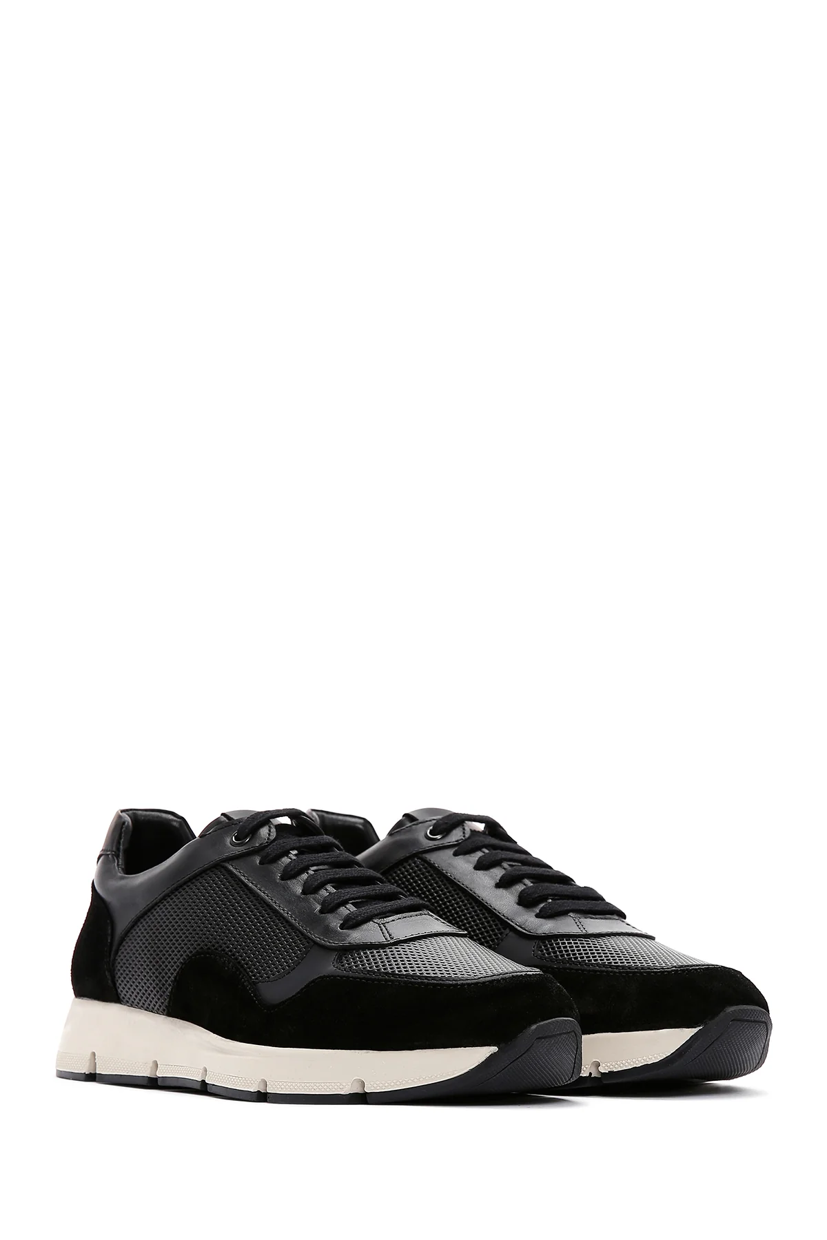 Erkek Siyah Deri Süet Detaylı Sneaker - Image 3