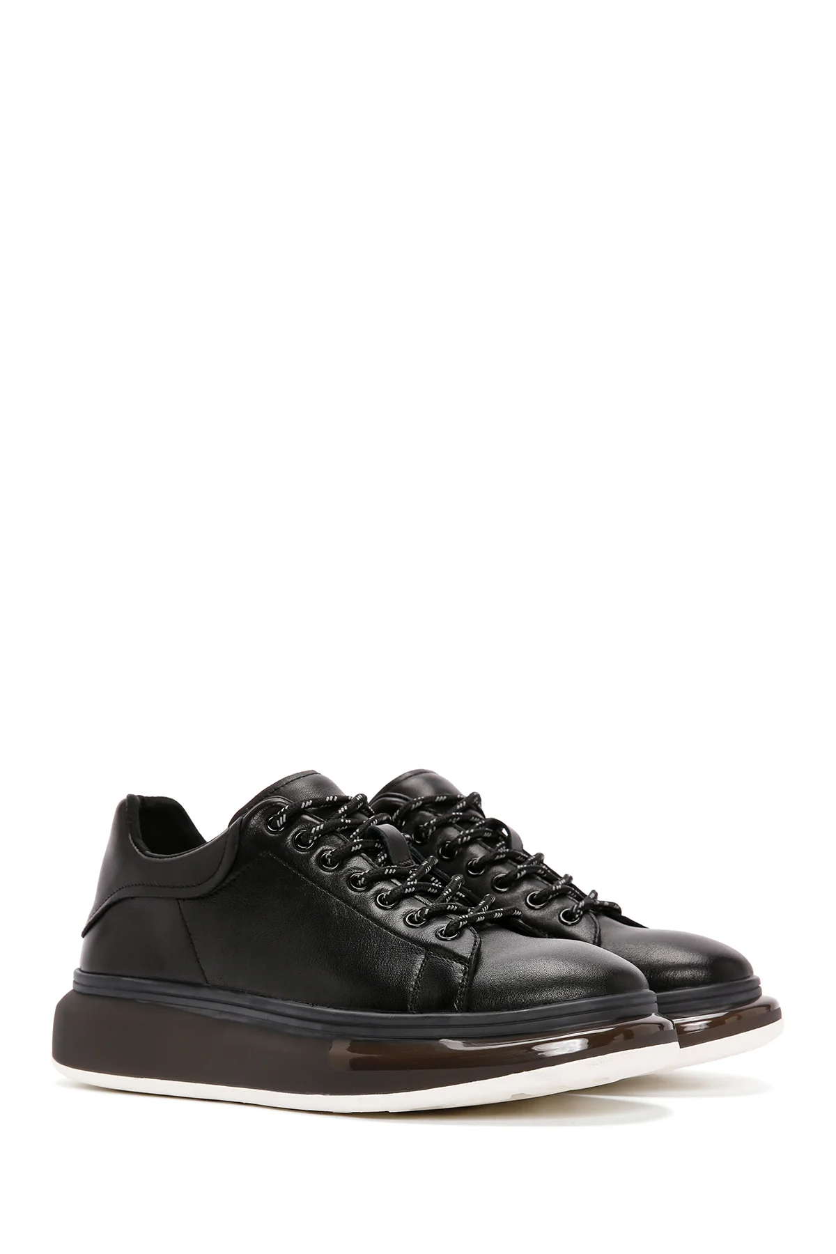 Erkek Siyah Kalın Tabanlı Bağcıklı Deri Sneaker - Image 3
