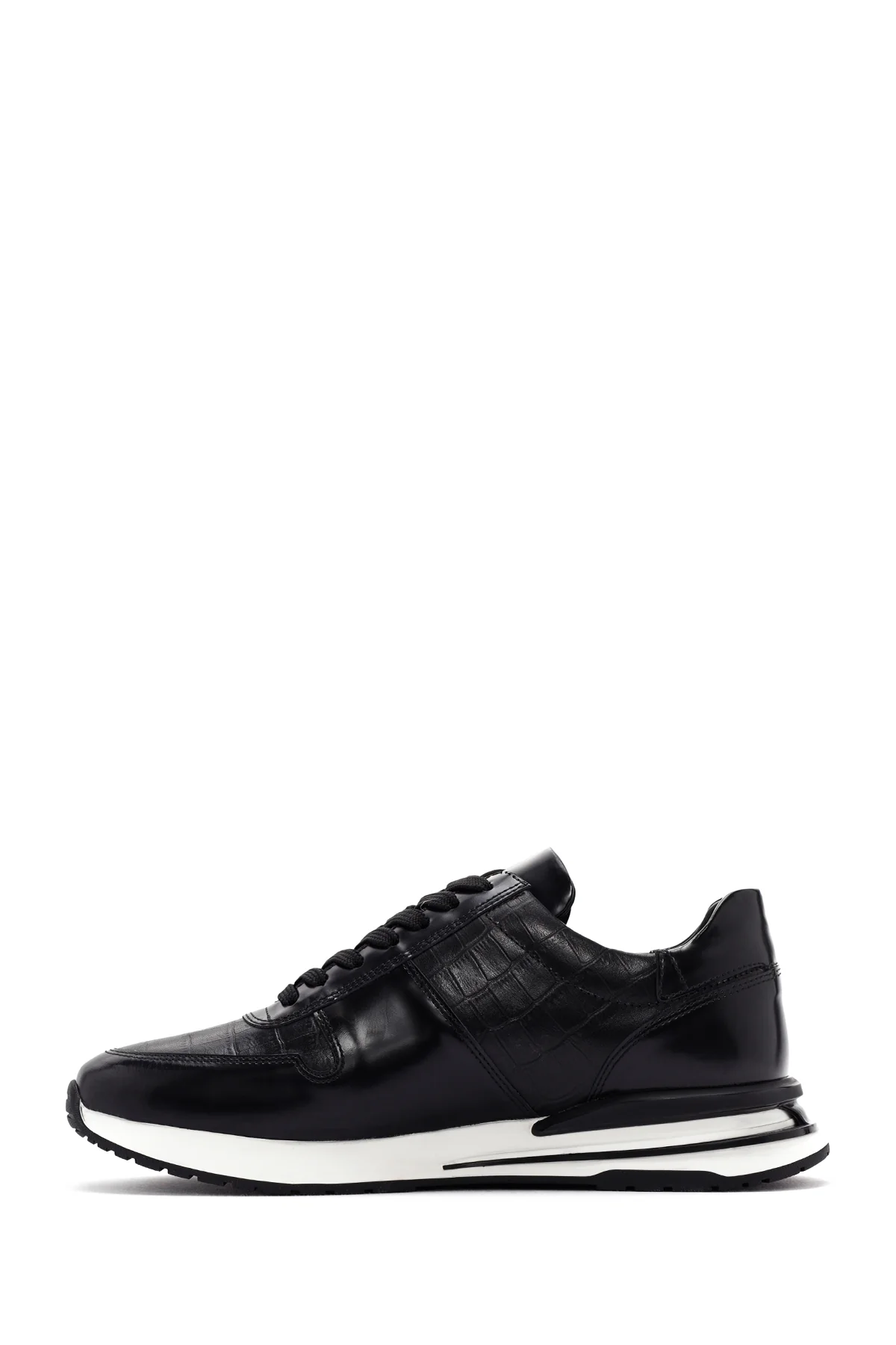 Erkek Siyah Kroko Desenli Bağcıklı Kalın Tabanlı Deri Sneaker - Image 2