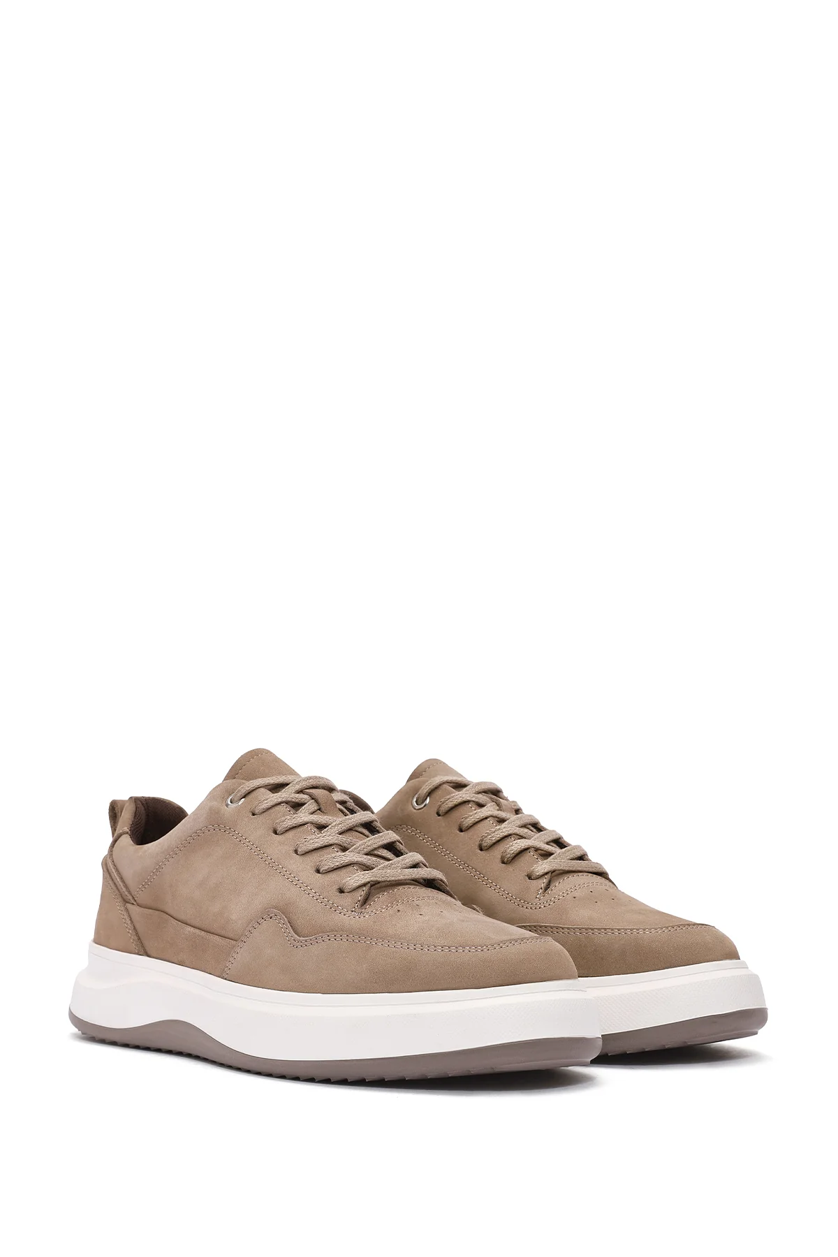 Erkek Vizon Bağcıklı Kalın Tabanlı Nubuk Deri Sneaker - Image 2
