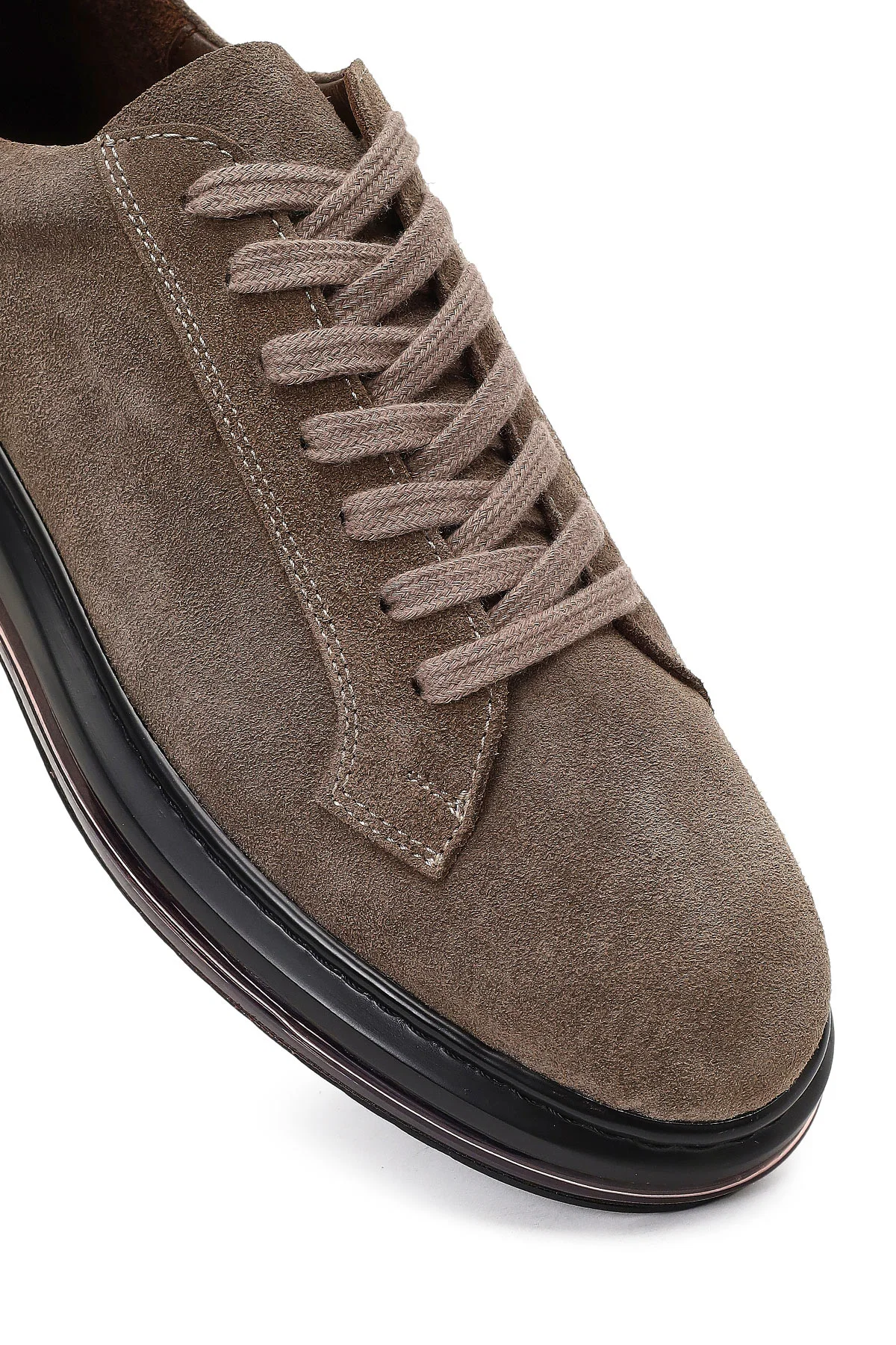 Erkek Vizon Bağcıklı Kalın Tabanlı Süet Deri Sneaker - Image 9