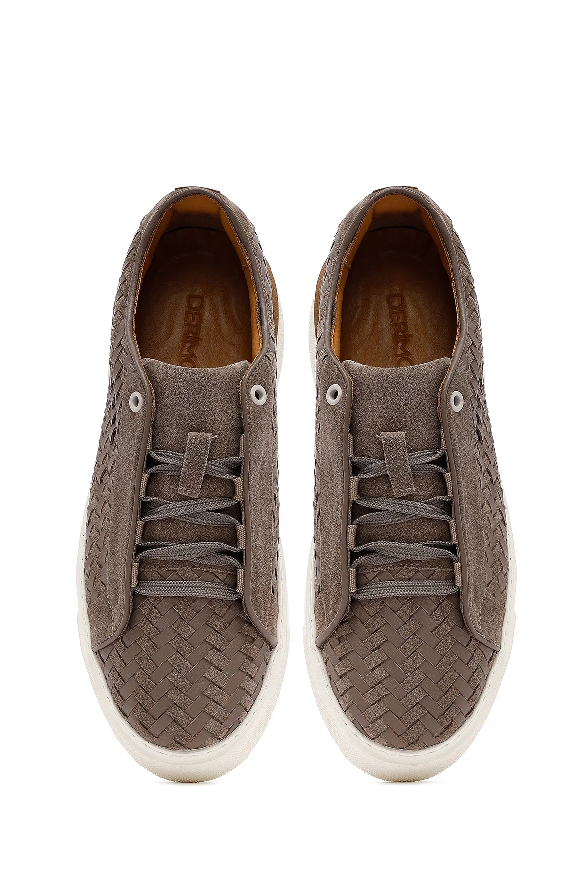 Erkek Vizon Bağcıklı Örgülü Kalın Tabanlı Deri Sneaker - Image 7