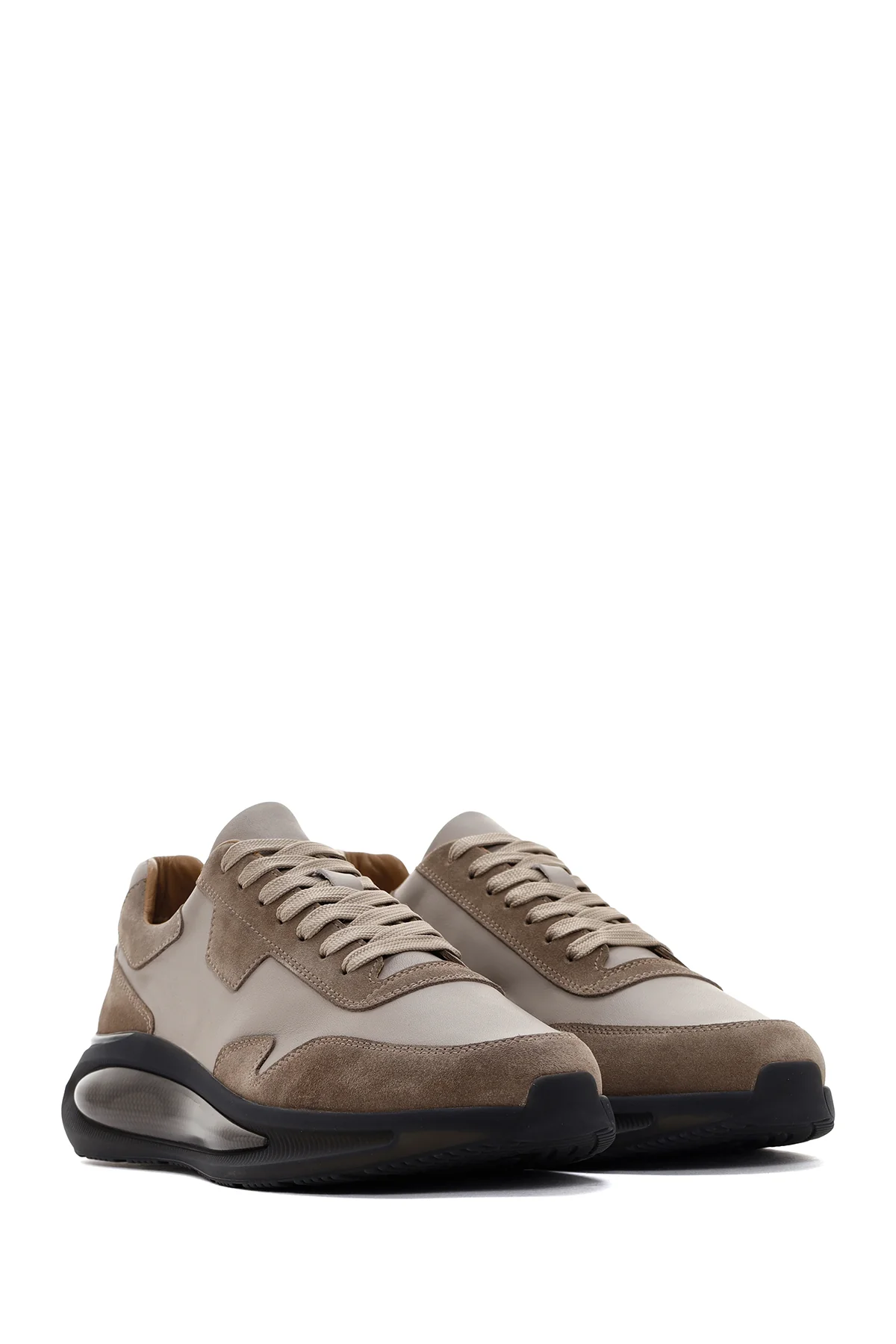 Erkek Vizon Kalın Tabanlı Bağcıklı Deri Sneaker - Image 3