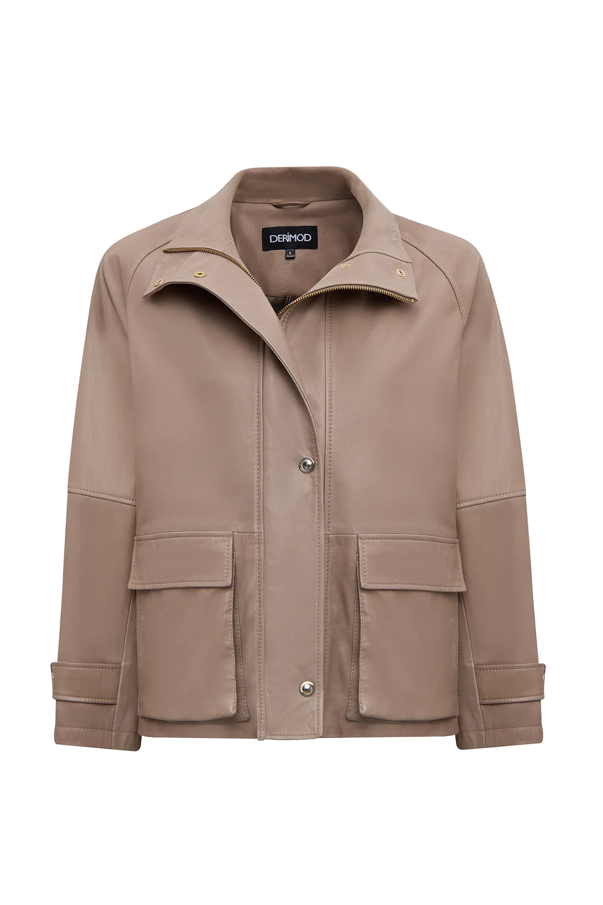 Fancy Kadın Bej Devrik Yaka Oversize Deri Mont - Image 3