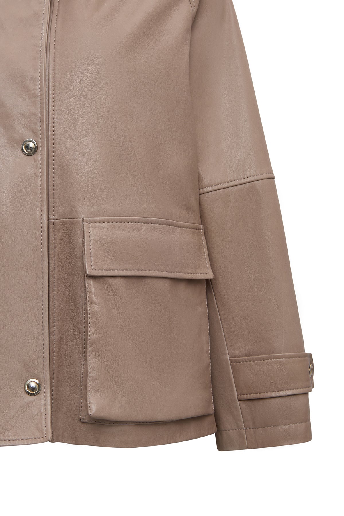 Fancy Kadın Bej Devrik Yaka Oversize Deri Mont - Image 4