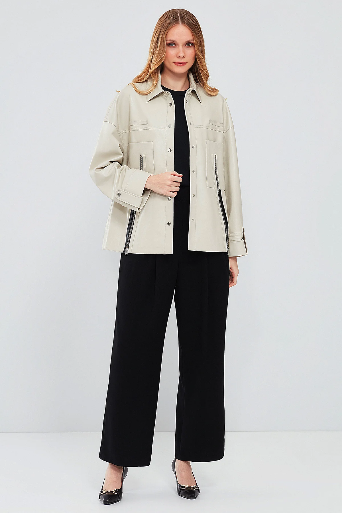Farrah Kadın Bej Oversize Deri Ceket - Image 7