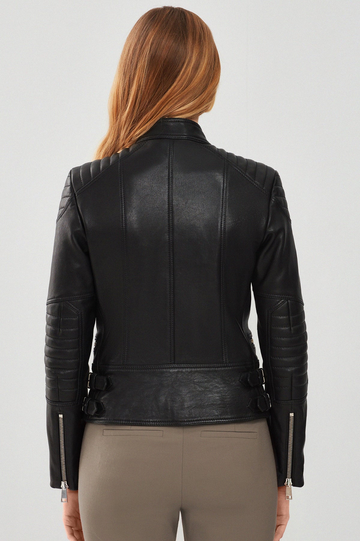 Giselle Kadın Siyah Slim-Fit Biker Deri Ceket - Image 4