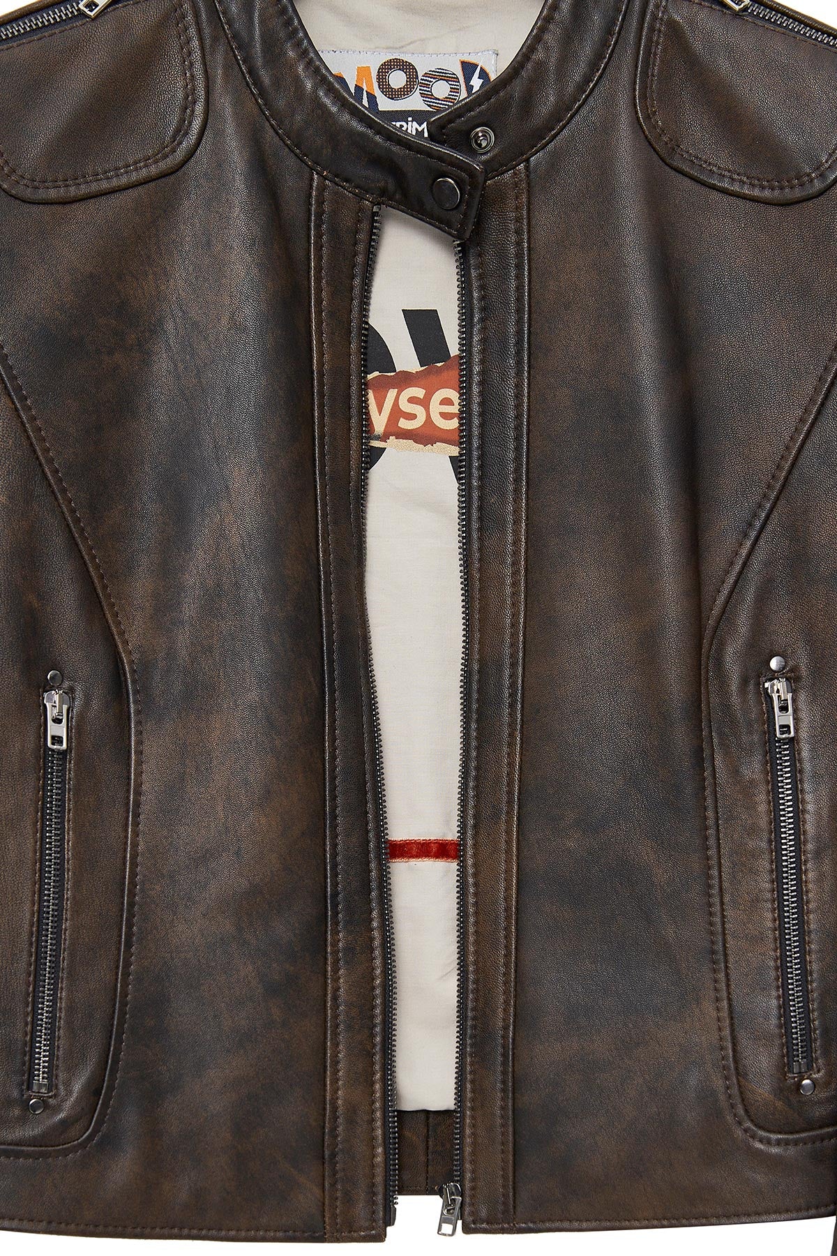 Glam Kadın Kahverengi Vintage Deri Ceket - Image 6