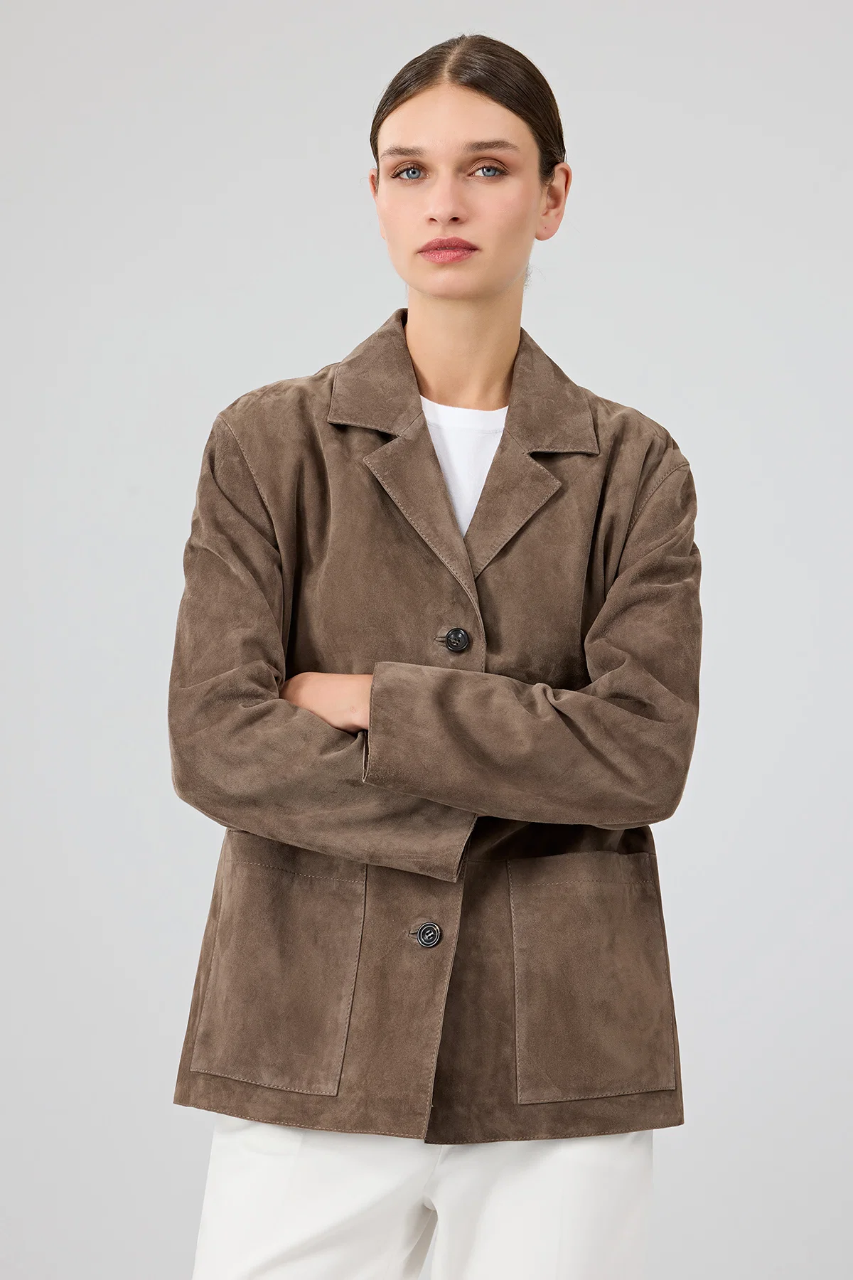 Gloria Kadın Vizon Oversize Süet Deri Ceket - Image 4