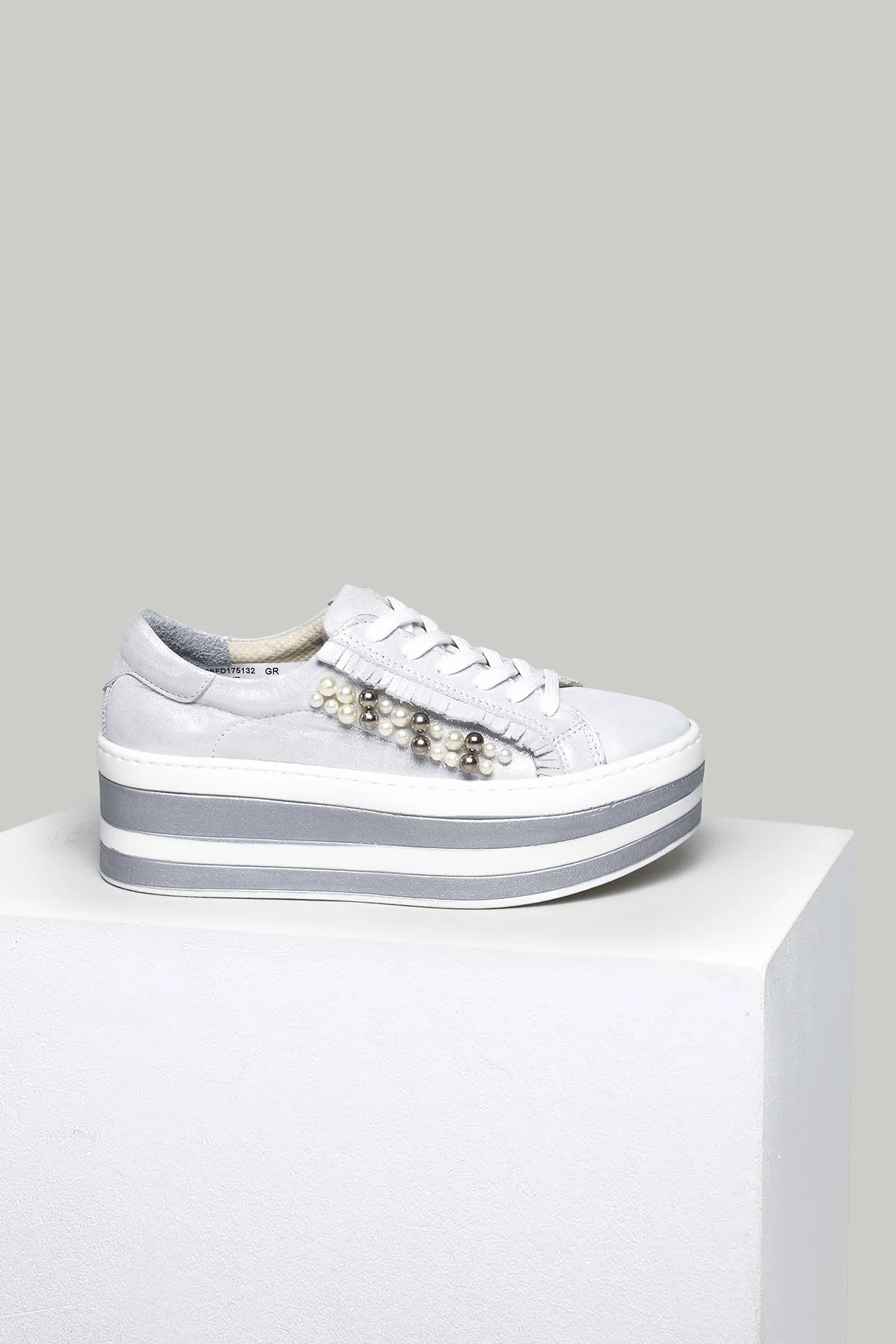 Gümüş Yüksek Tabanlı Kadın Deri Sneaker - Image 2