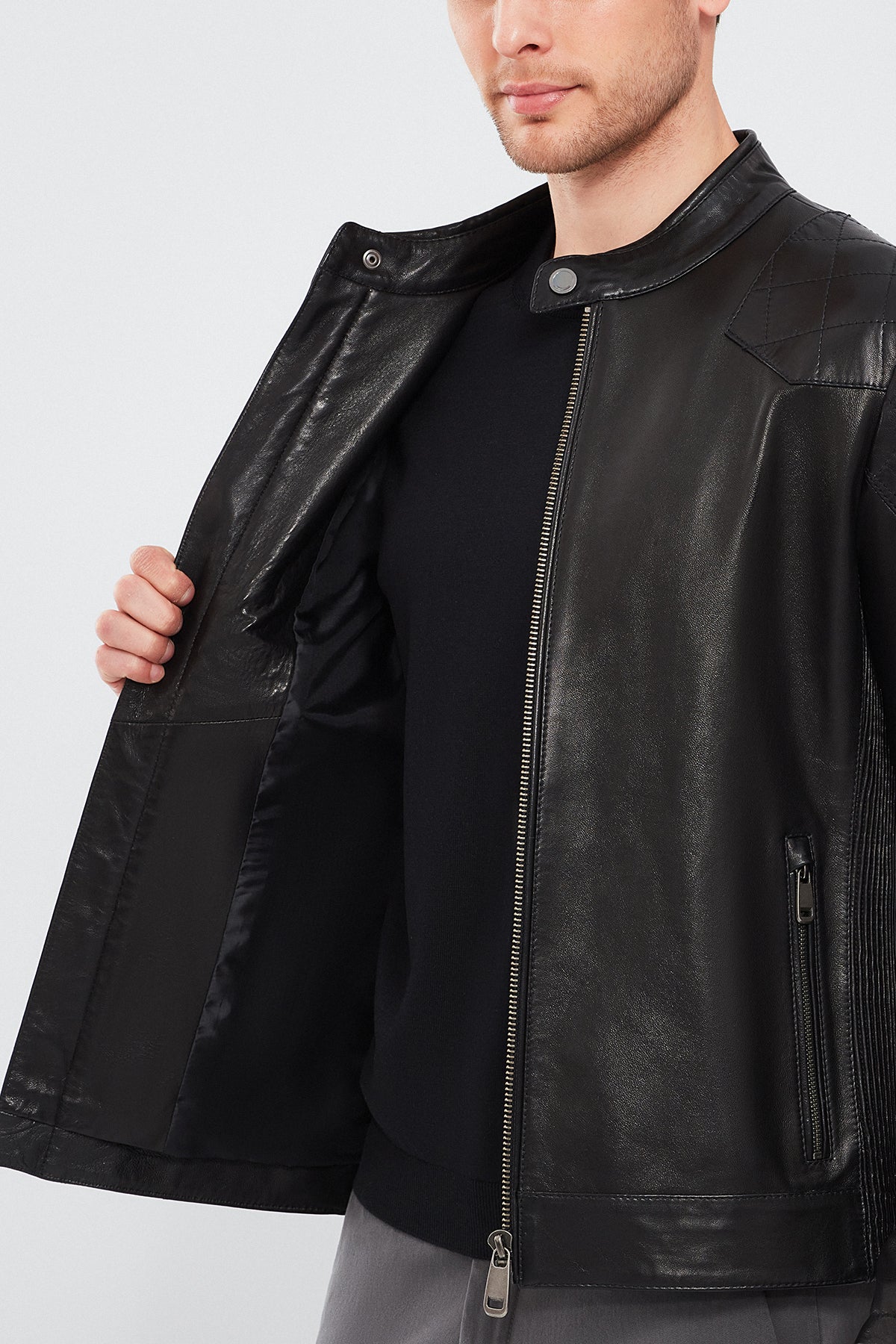 Jackson Erkek Siyah Slim-Fit Spor Deri Mont - Image 7
