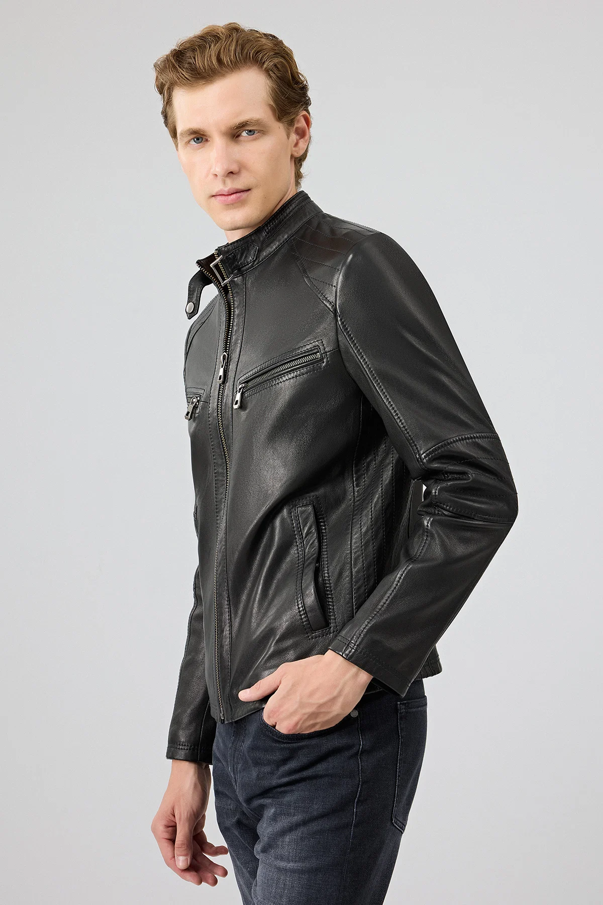 Jefferson Erkek Siyah Hakim Yaka Slim-Fit Deri Ceket - Image 2