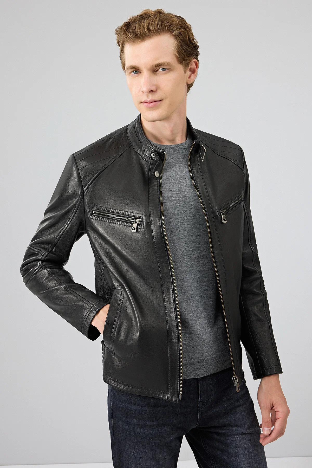 Jefferson Erkek Siyah Hakim Yaka Slim-Fit Deri Ceket - Image 3
