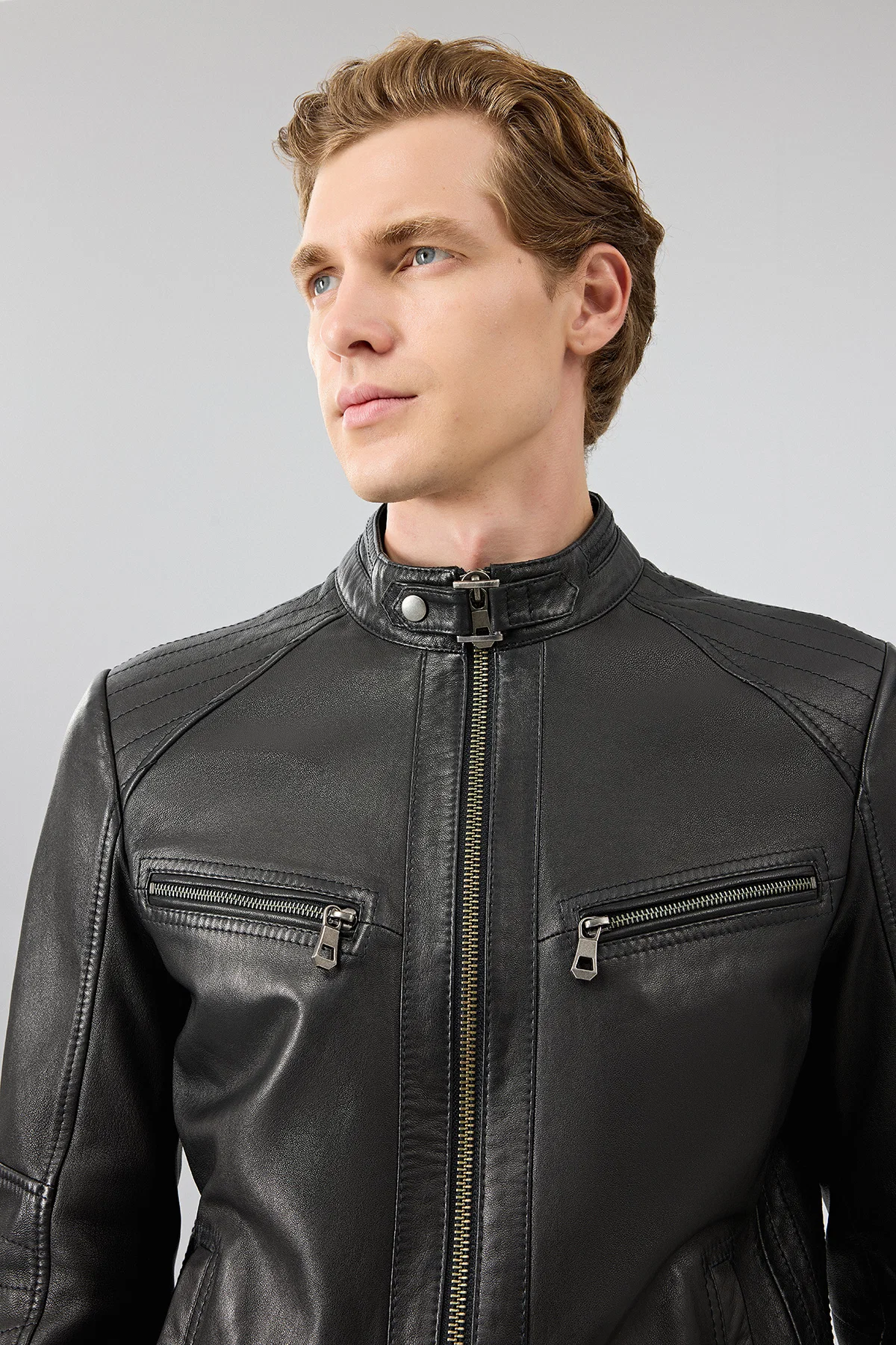 Jefferson Erkek Siyah Hakim Yaka Slim-Fit Deri Ceket - Image 5