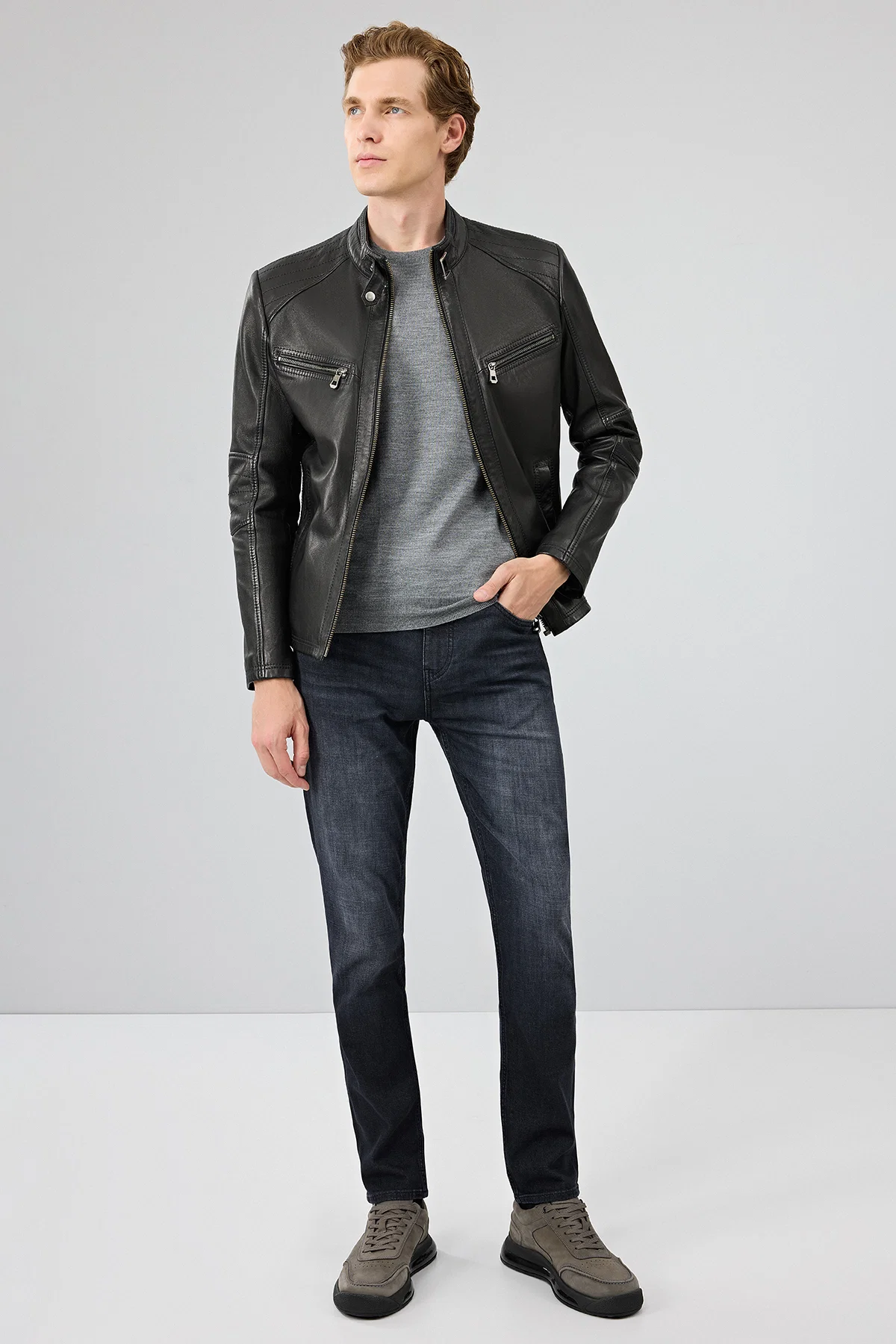 Jefferson Erkek Siyah Hakim Yaka Slim-Fit Deri Ceket - Image 6