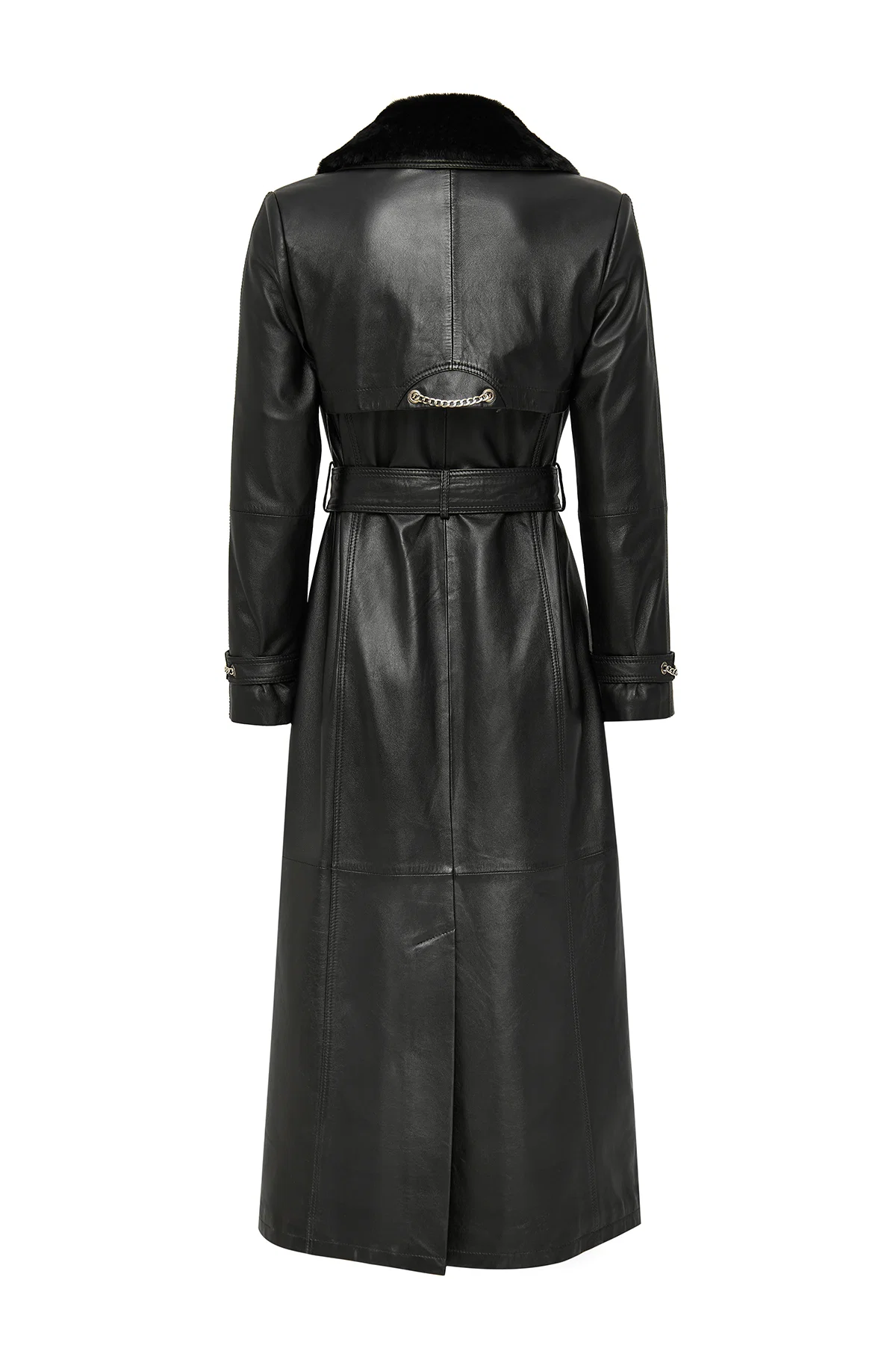 Jenny Kadın Siyah Yaka Kürklü Kemer Detaylı Deri Trençkot - Image 11