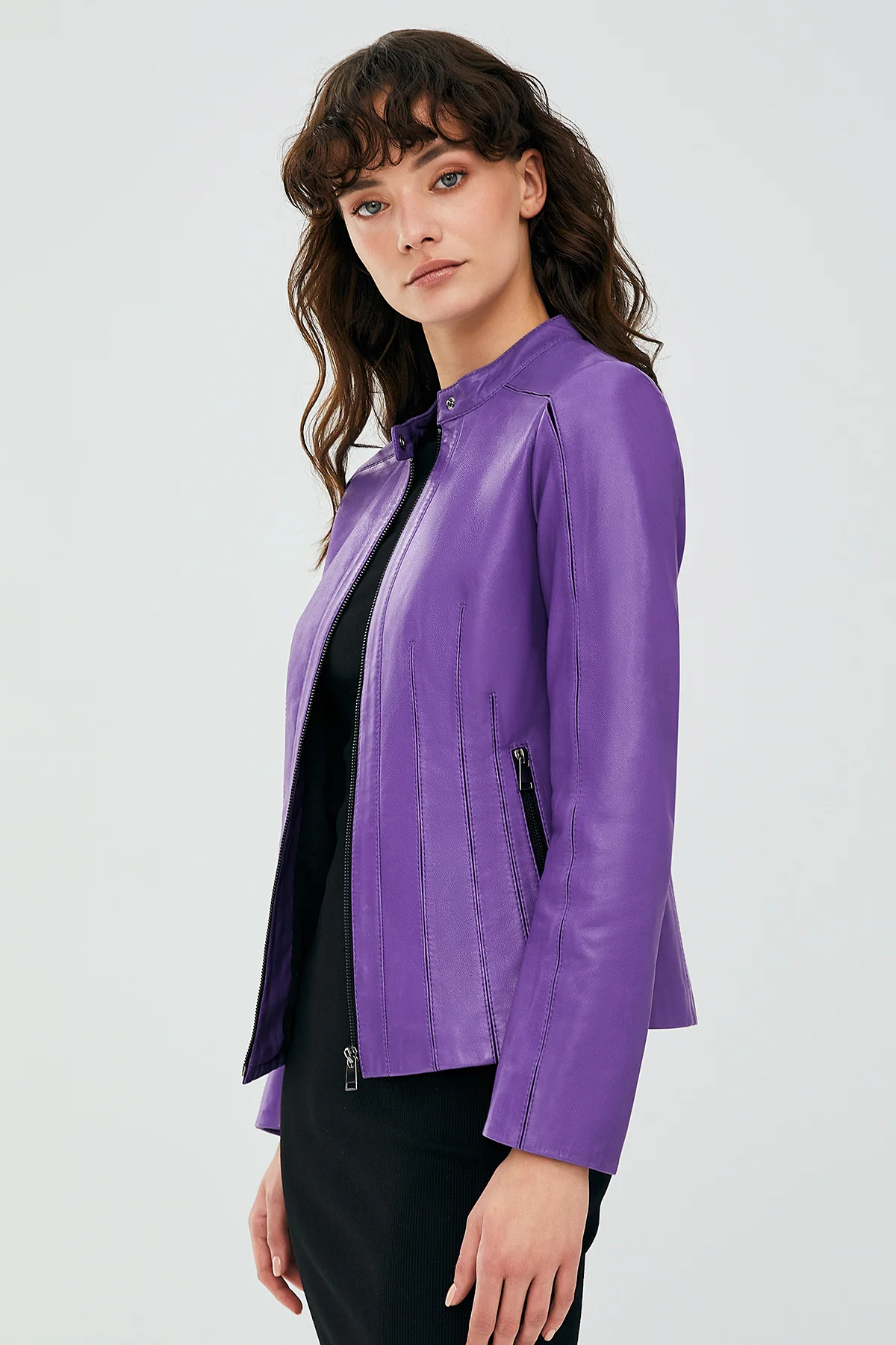 Joel Kadın Mor Slim-Fit Kısa Deri Ceket - Image 2