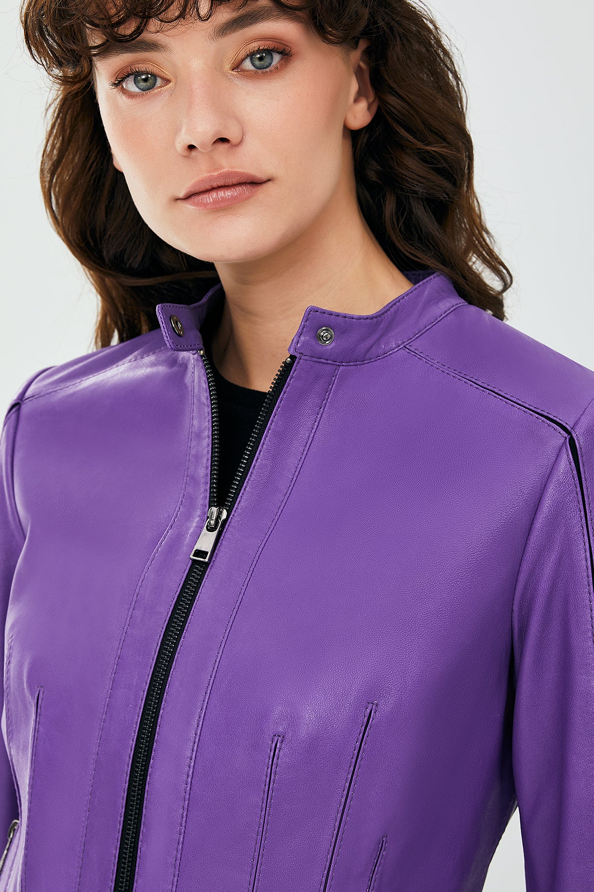 Joel Kadın Mor Slim-Fit Kısa Deri Ceket - Image 6