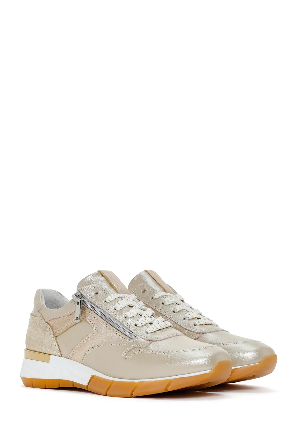 Kadın Altın Bağcıklı Yandan Fermuarlı Deri Sneaker - Image 3