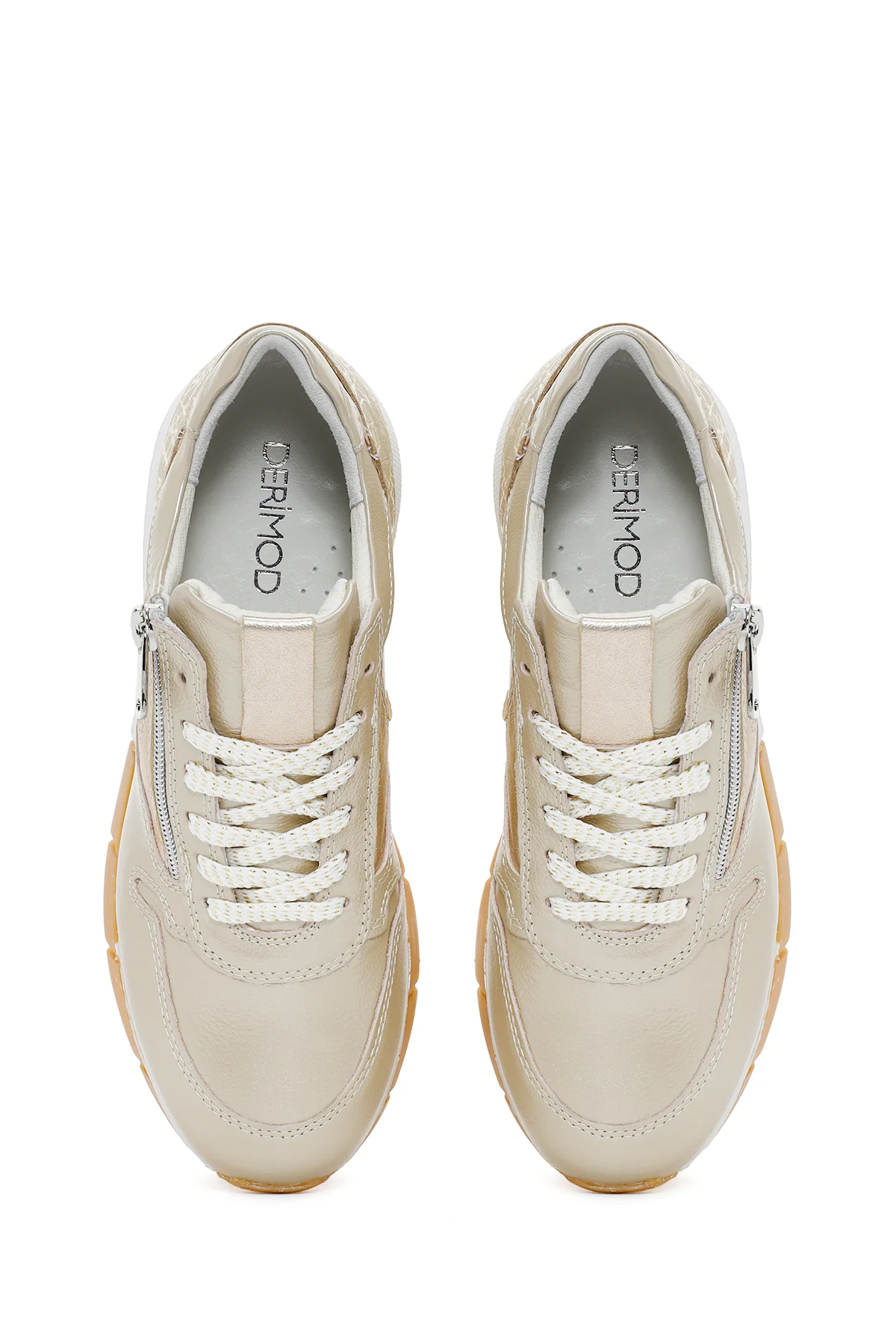 Kadın Altın Bağcıklı Yandan Fermuarlı Deri Sneaker - Image 7