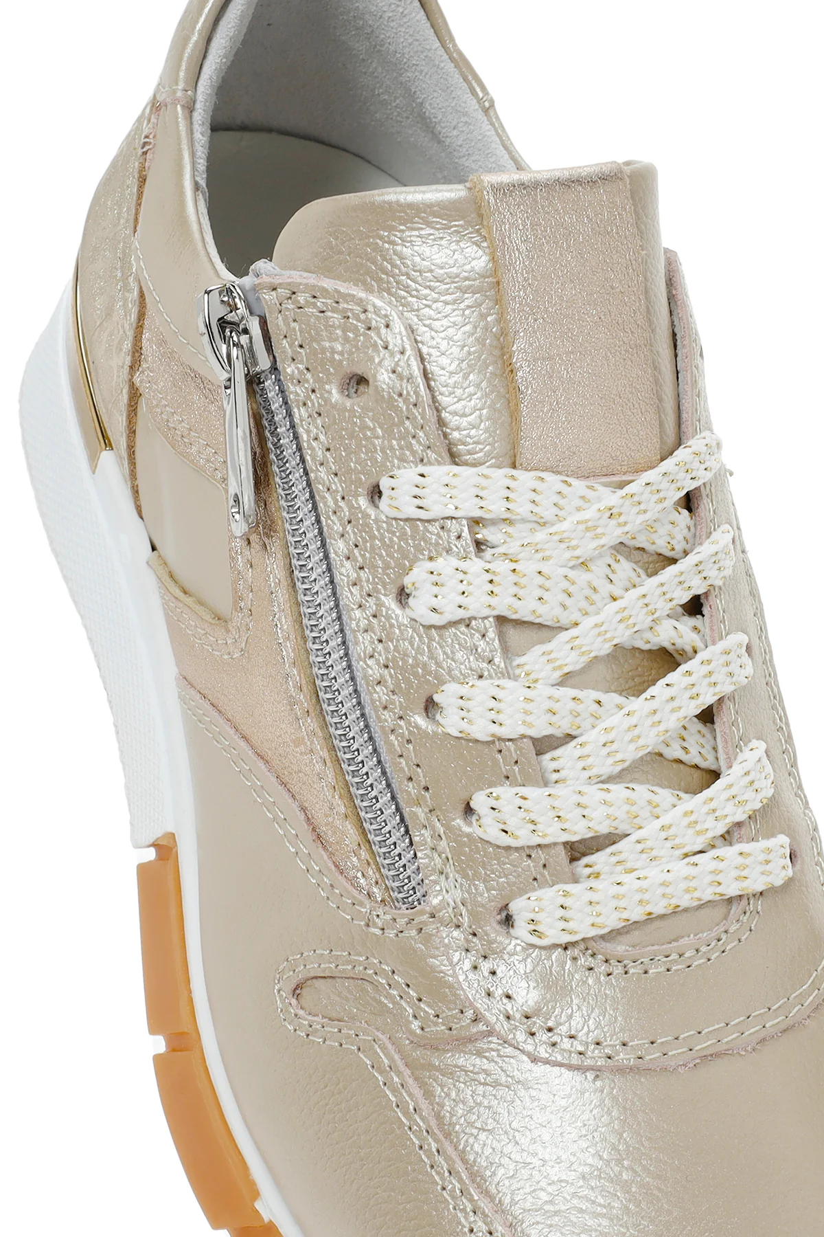 Kadın Altın Bağcıklı Yandan Fermuarlı Deri Sneaker - Image 9