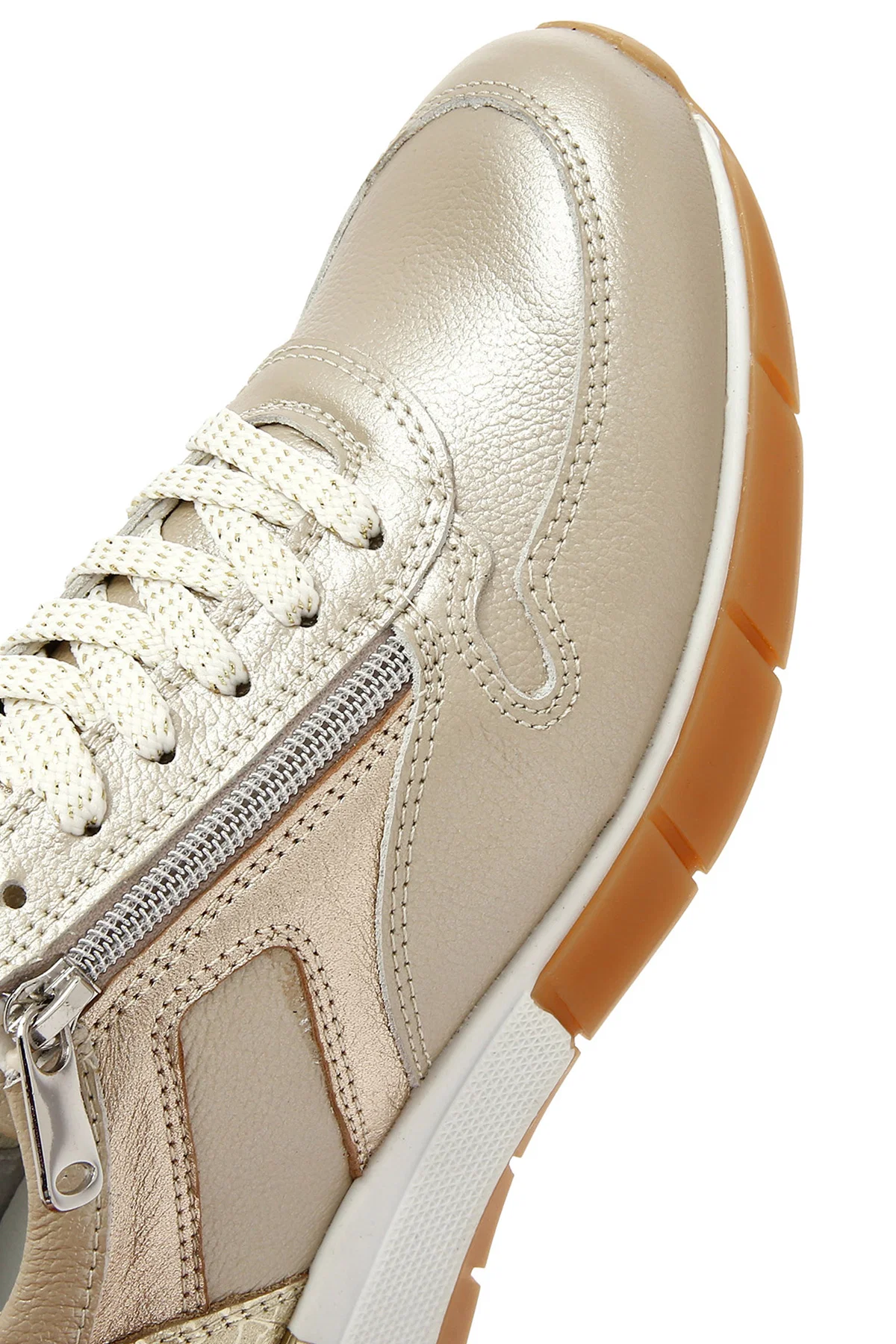 Kadın Altın Bağcıklı Yandan Fermuarlı Deri Sneaker - Image 10