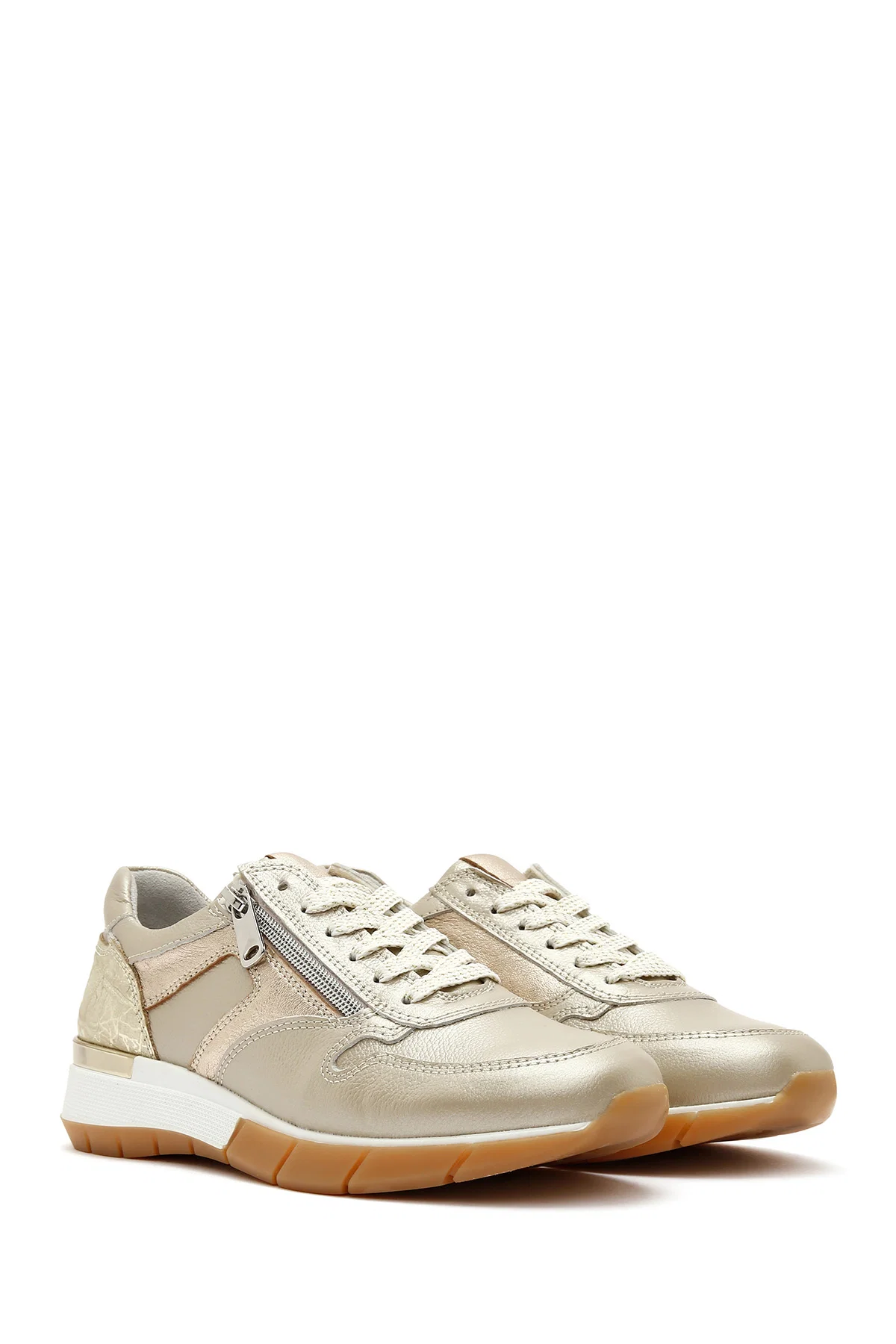 Kadın Altın Bağcıklı Yandan Fermuarlı Deri Sneaker - Image 3