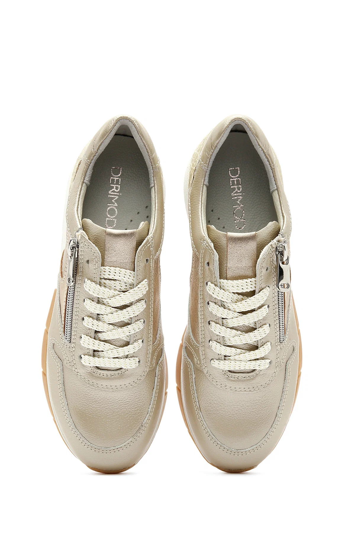 Kadın Altın Bağcıklı Yandan Fermuarlı Deri Sneaker - Image 7