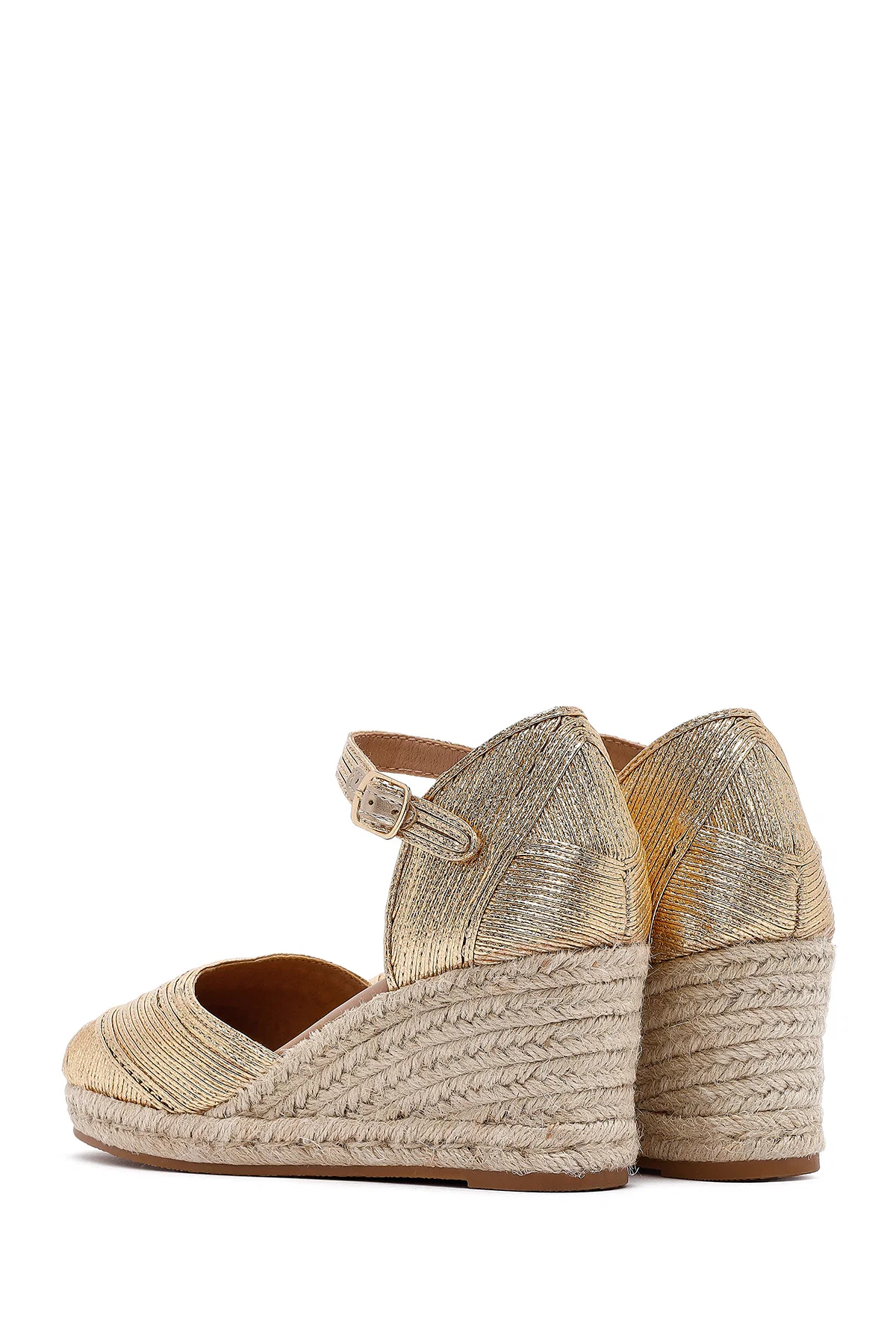 Kadın Altın Bilekten Tokalı Metalik Dolgu Topuklu Espadril - Image 6