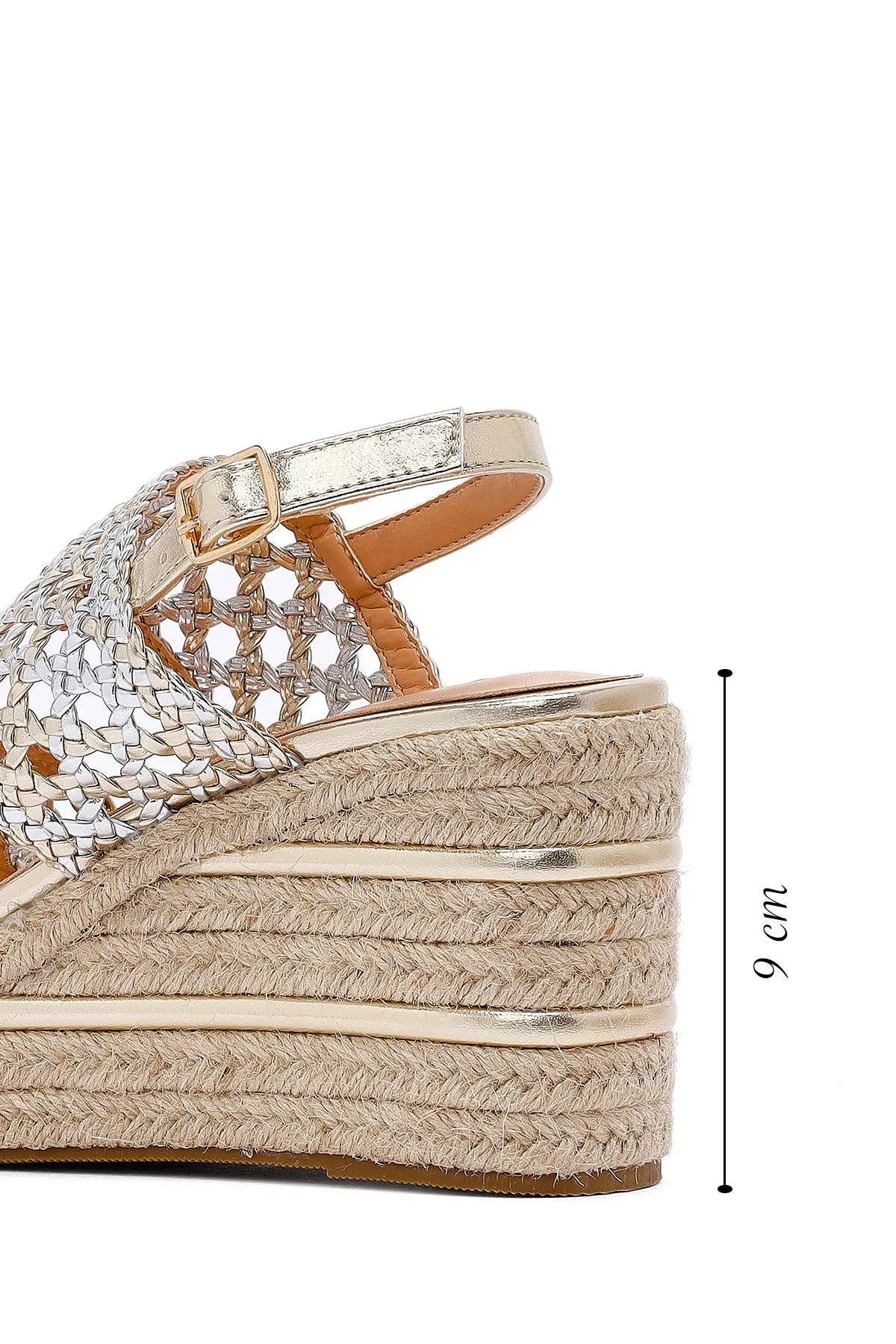 Kadın Altın Örgü Bilekten Tokalı Dolgu Topuklu Espadril Sandalet - Image 2