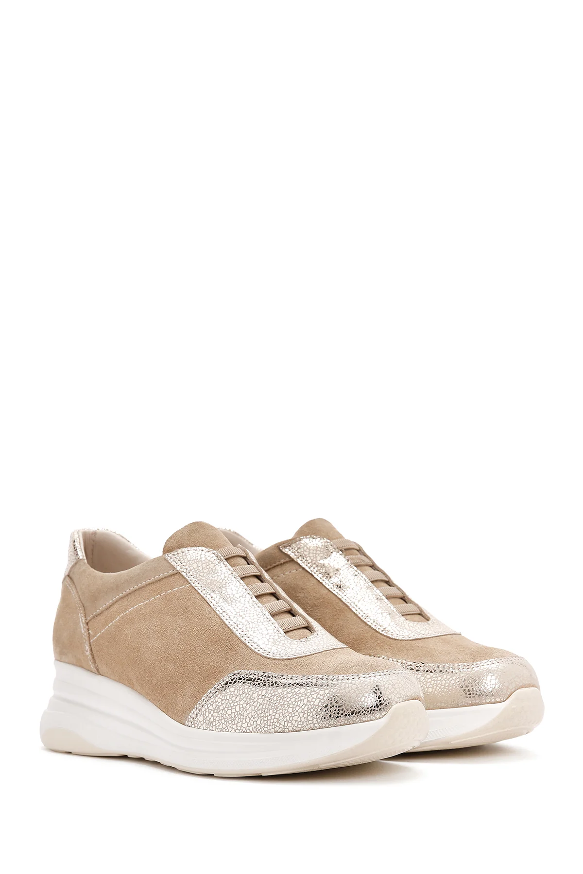 Kadın Bej Bağcıklı Deri Sneaker - Image 3