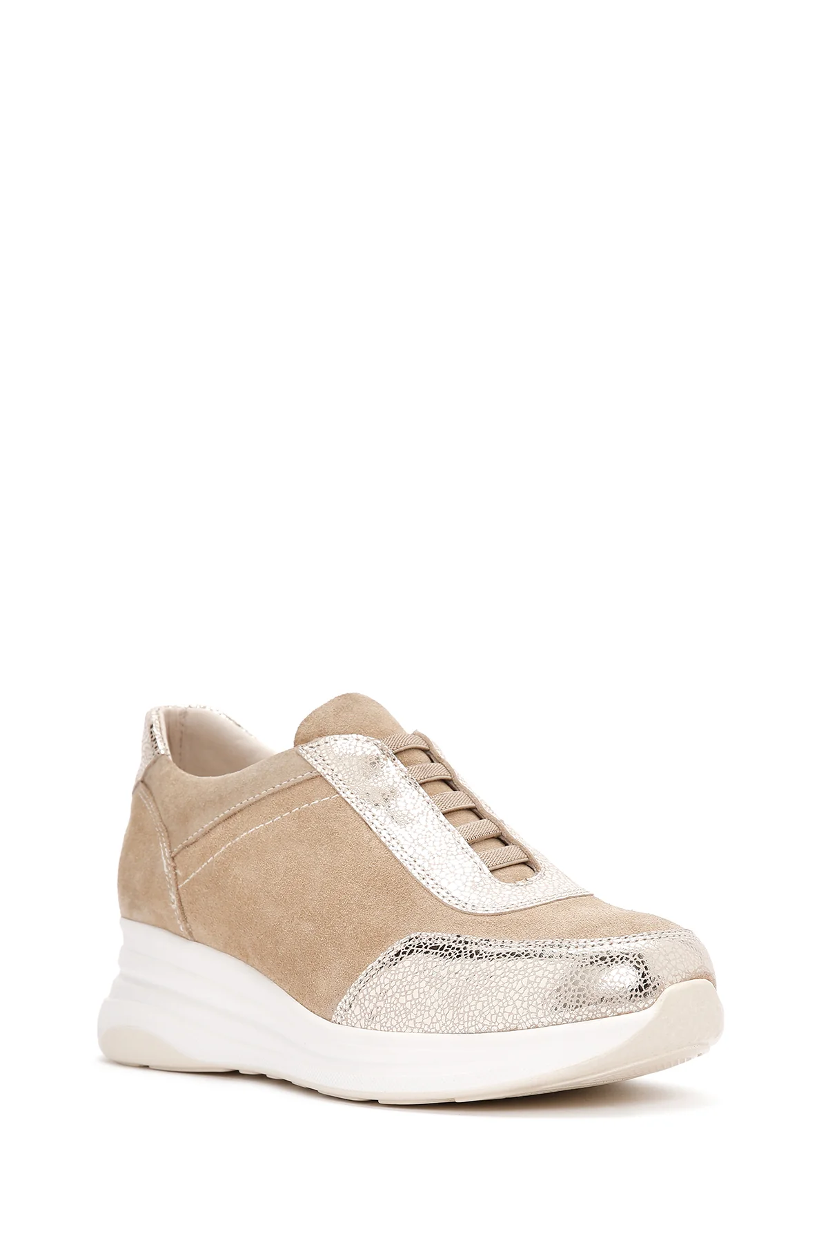 Kadın Bej Bağcıklı Deri Sneaker - Image 6