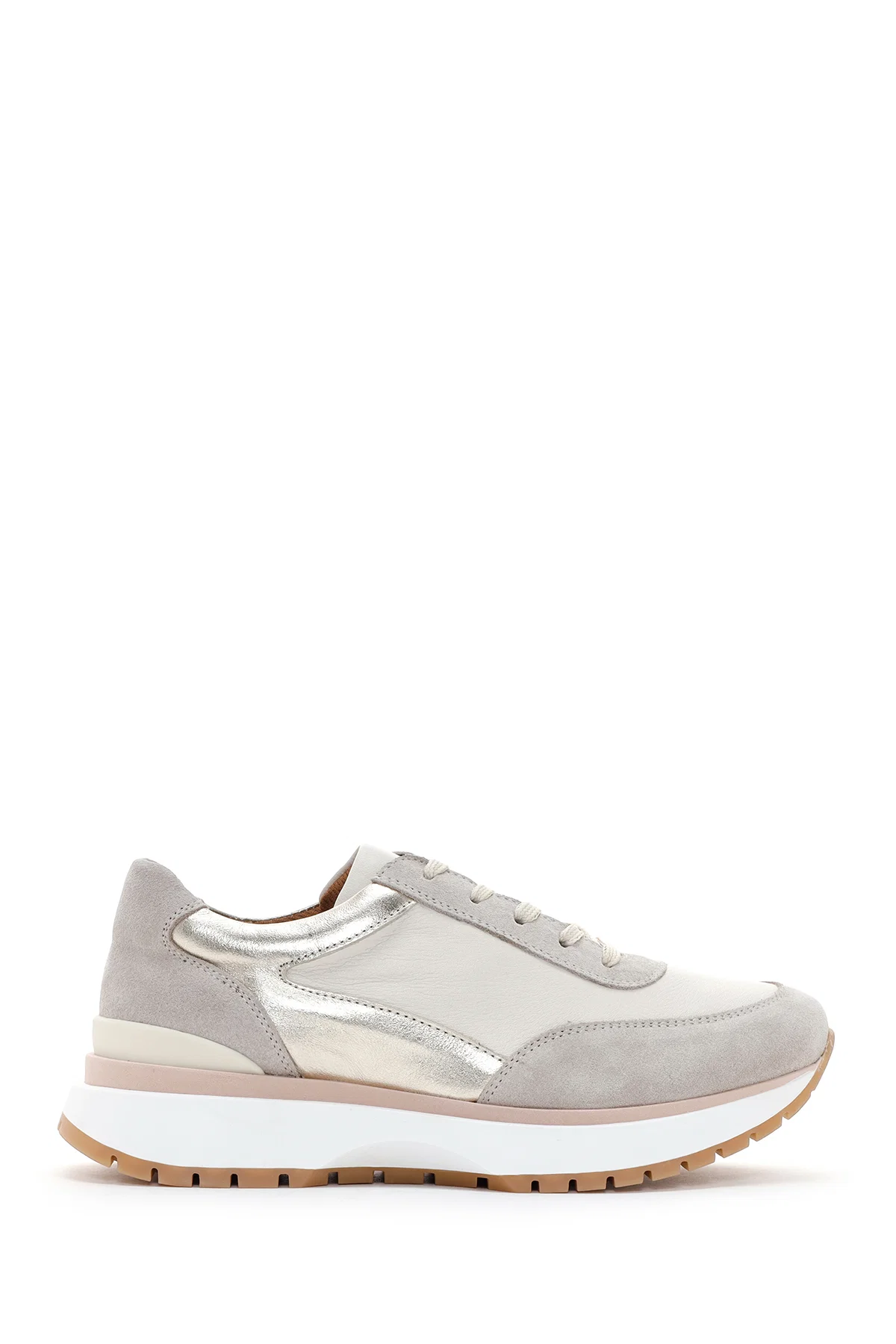 Kadın Bej Bağcıklı Deri Sneaker - Image 2