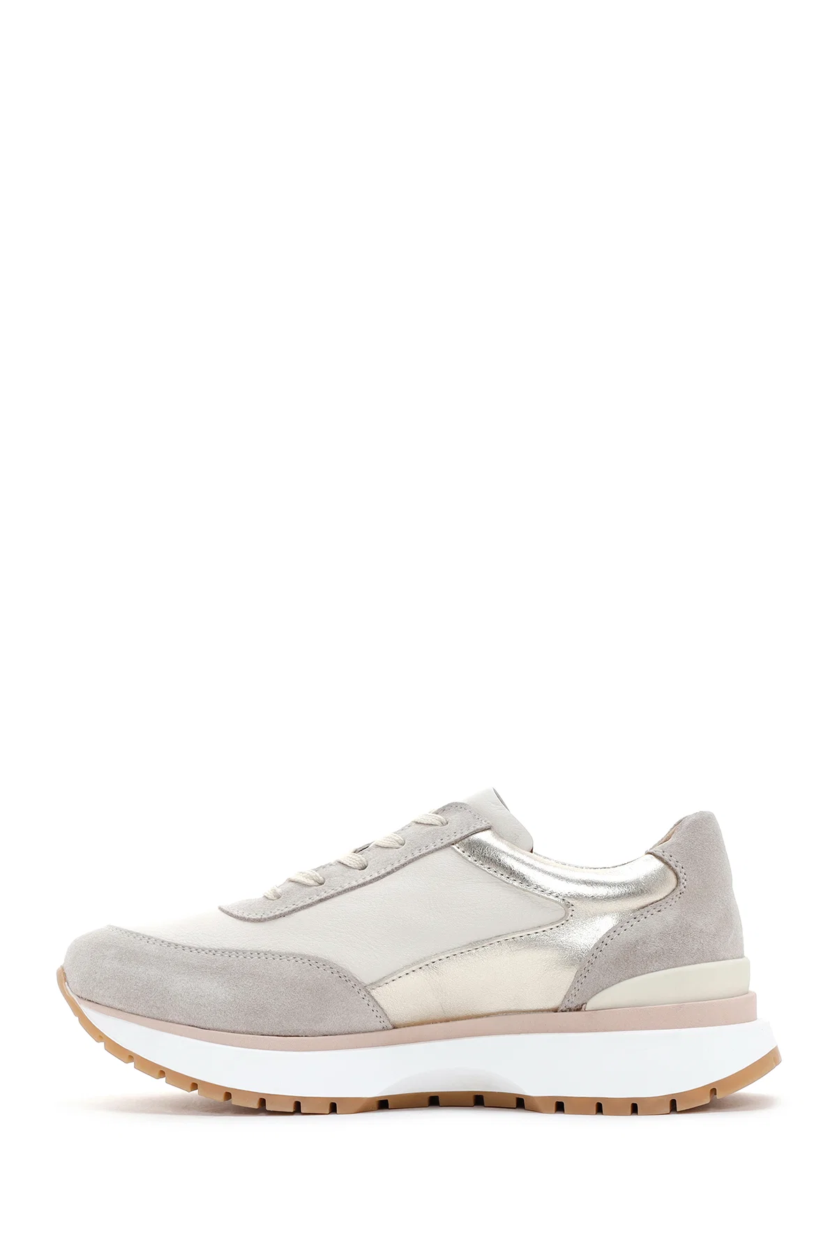 Kadın Bej Bağcıklı Deri Sneaker - Image 4