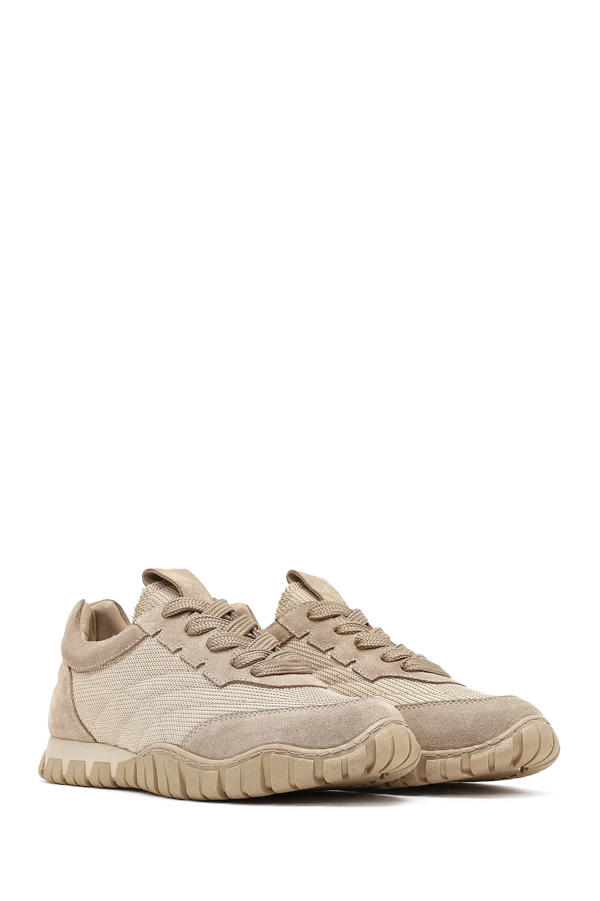 Kadın Bej Bağcıklı Deri Sneaker - Image 3