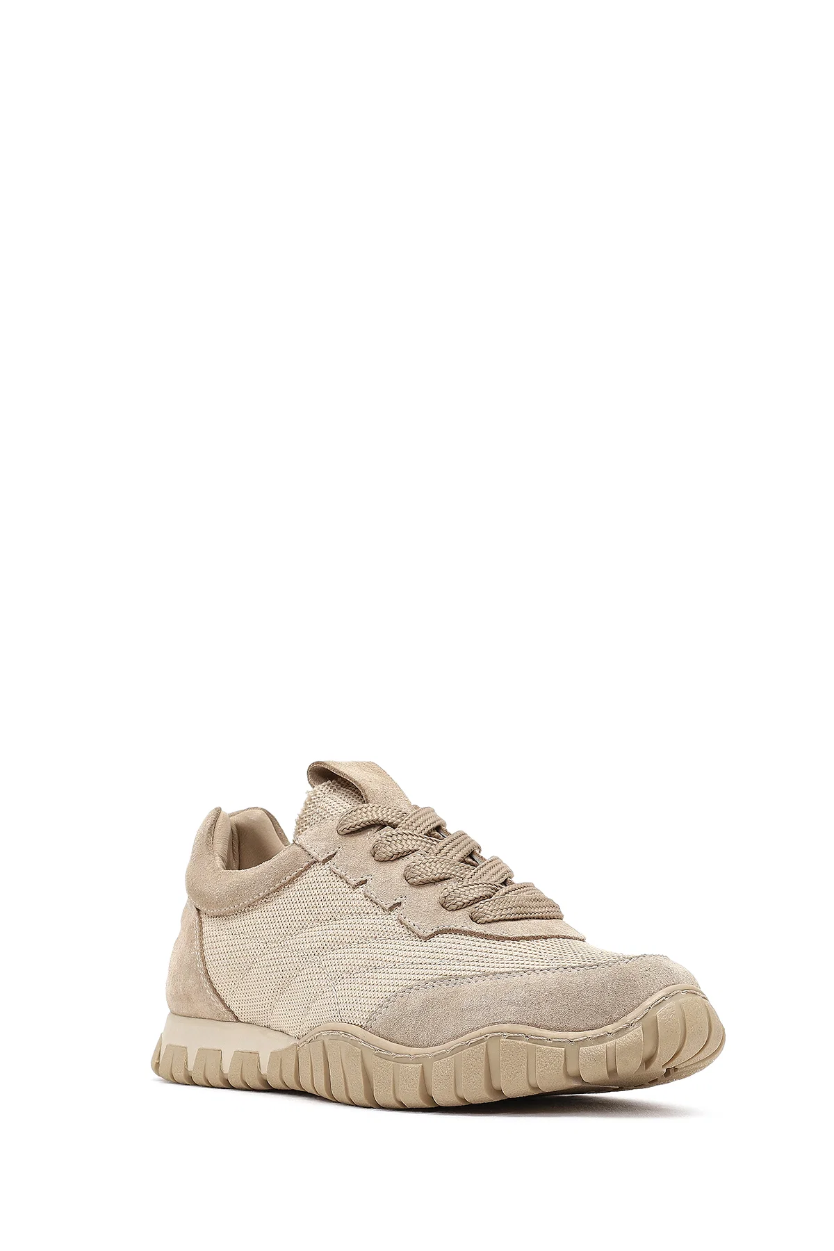 Kadın Bej Bağcıklı Deri Sneaker - Image 6
