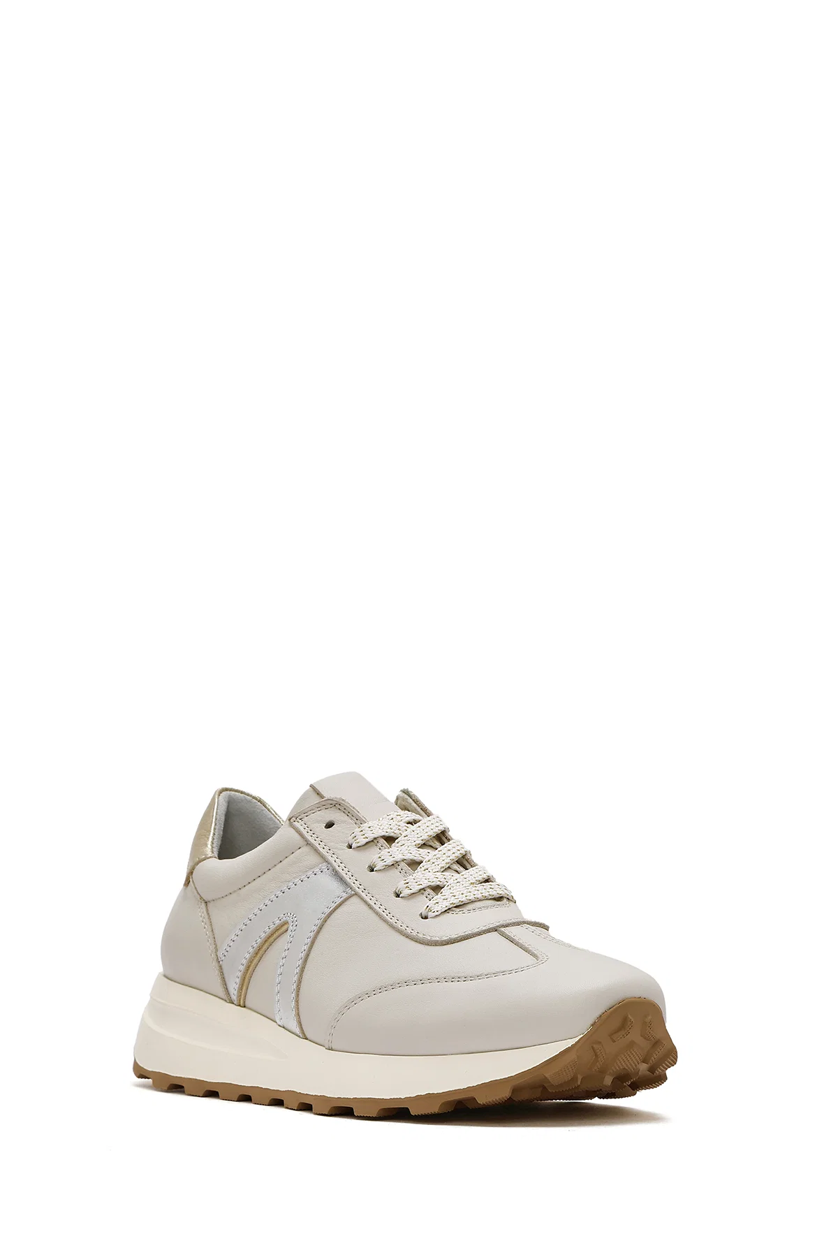 Kadın Bej Bağcıklı Deri Sneaker - Image 6