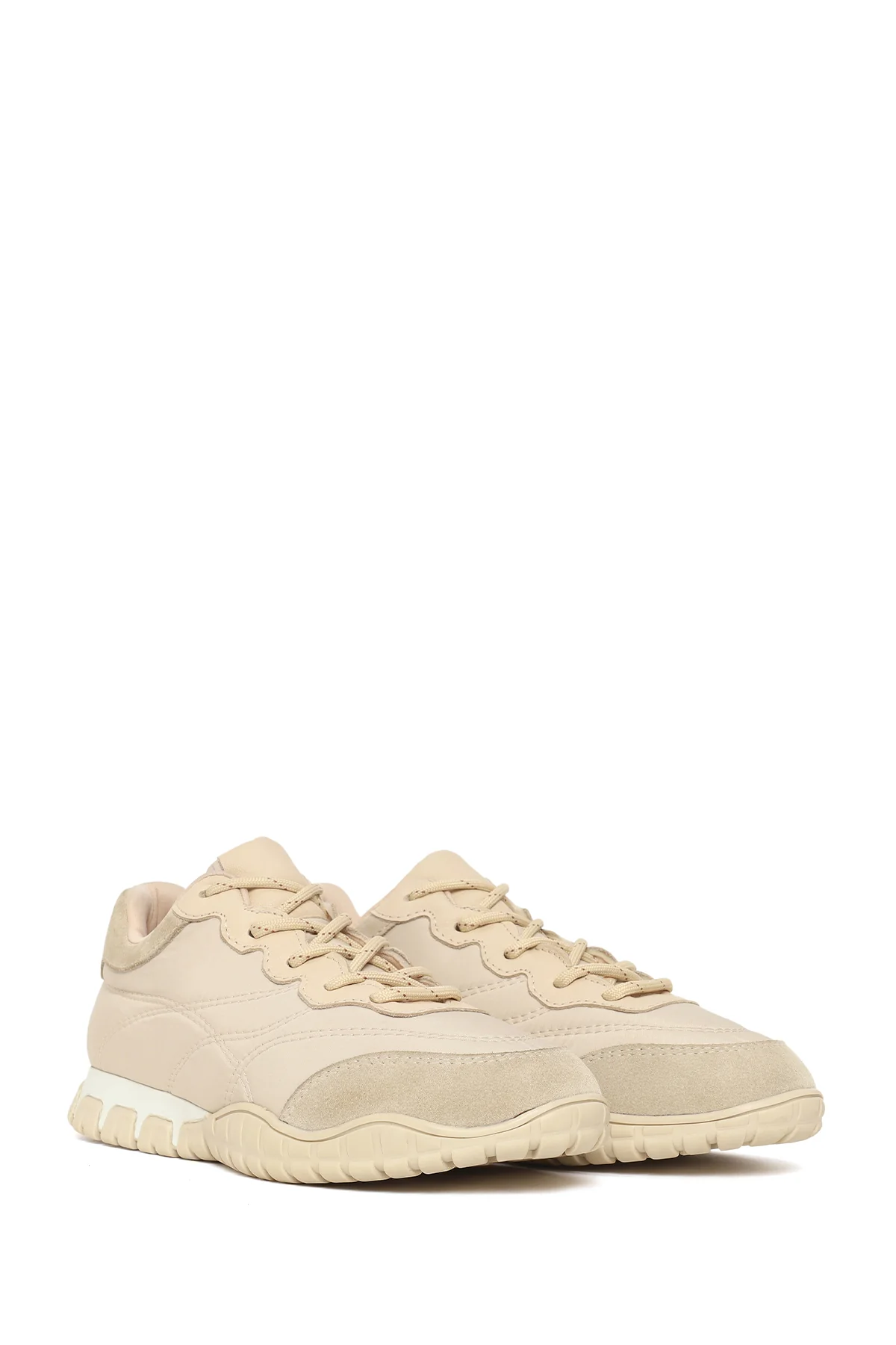 Kadın Bej Bağcıklı Deri Sneaker - Image 3