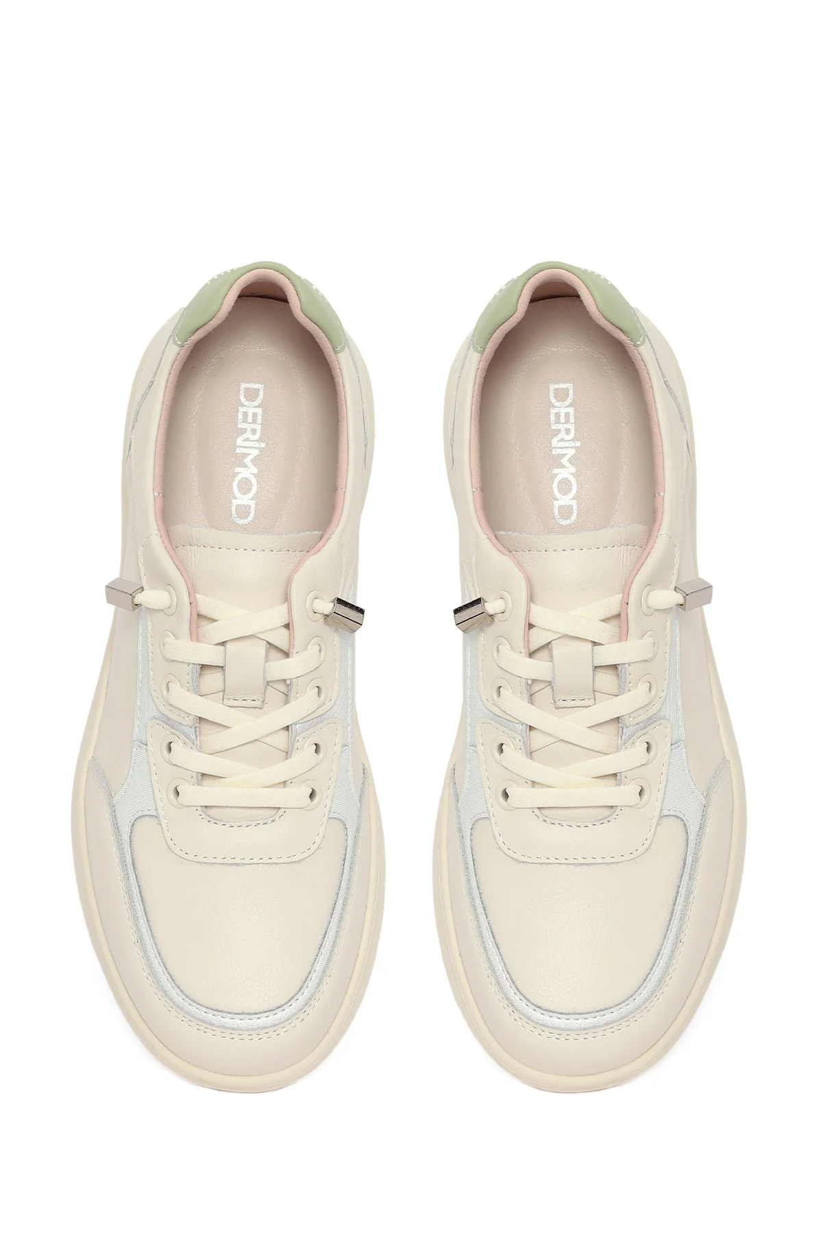 Kadın Bej Bağcıklı Deri Sneaker - Image 4