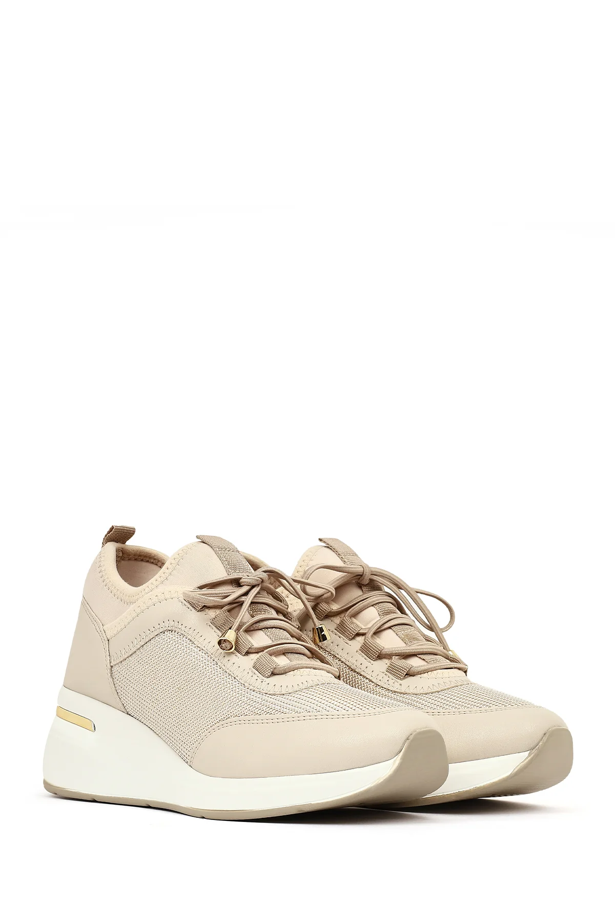 Kadın Bej Bağcıklı Dolgu Topuklu Sneaker - Image 2