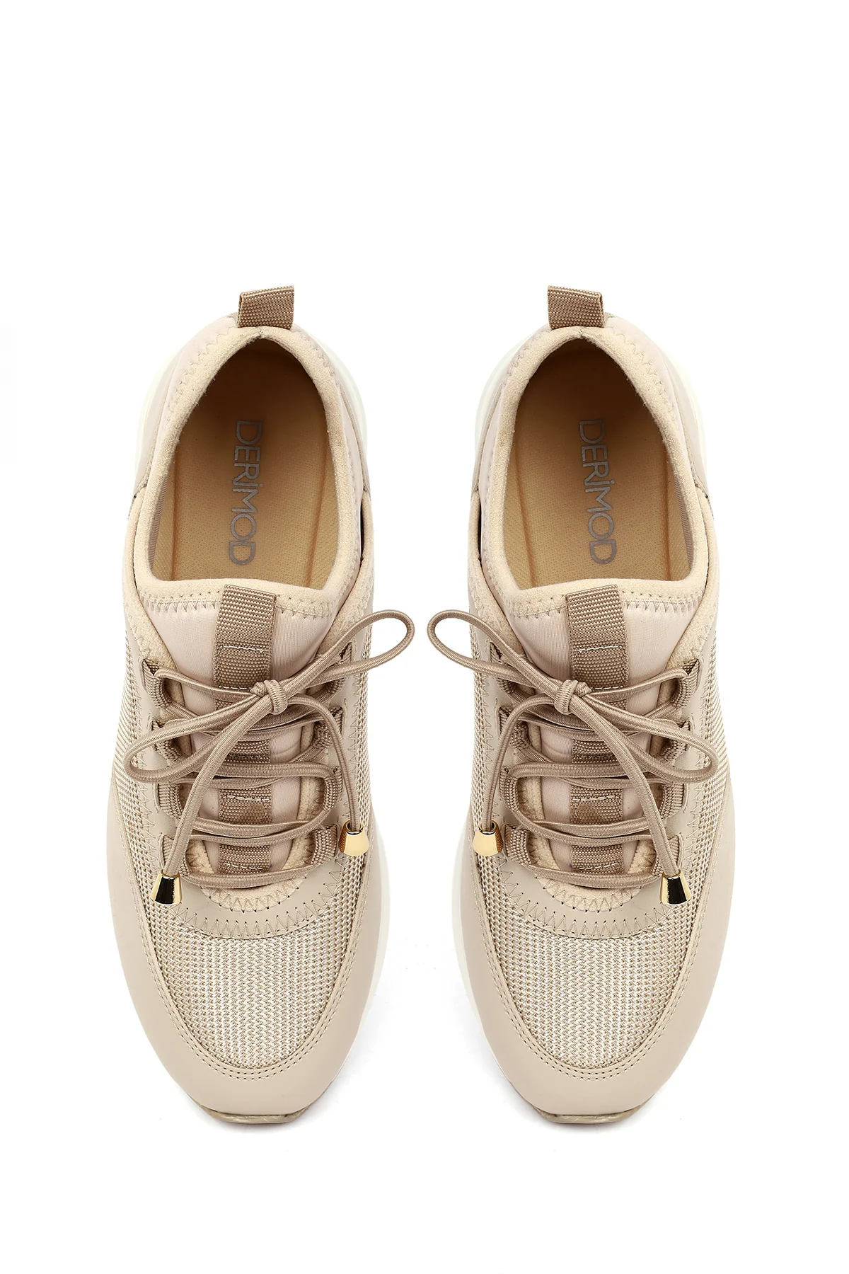 Kadın Bej Bağcıklı Dolgu Topuklu Sneaker - Image 4