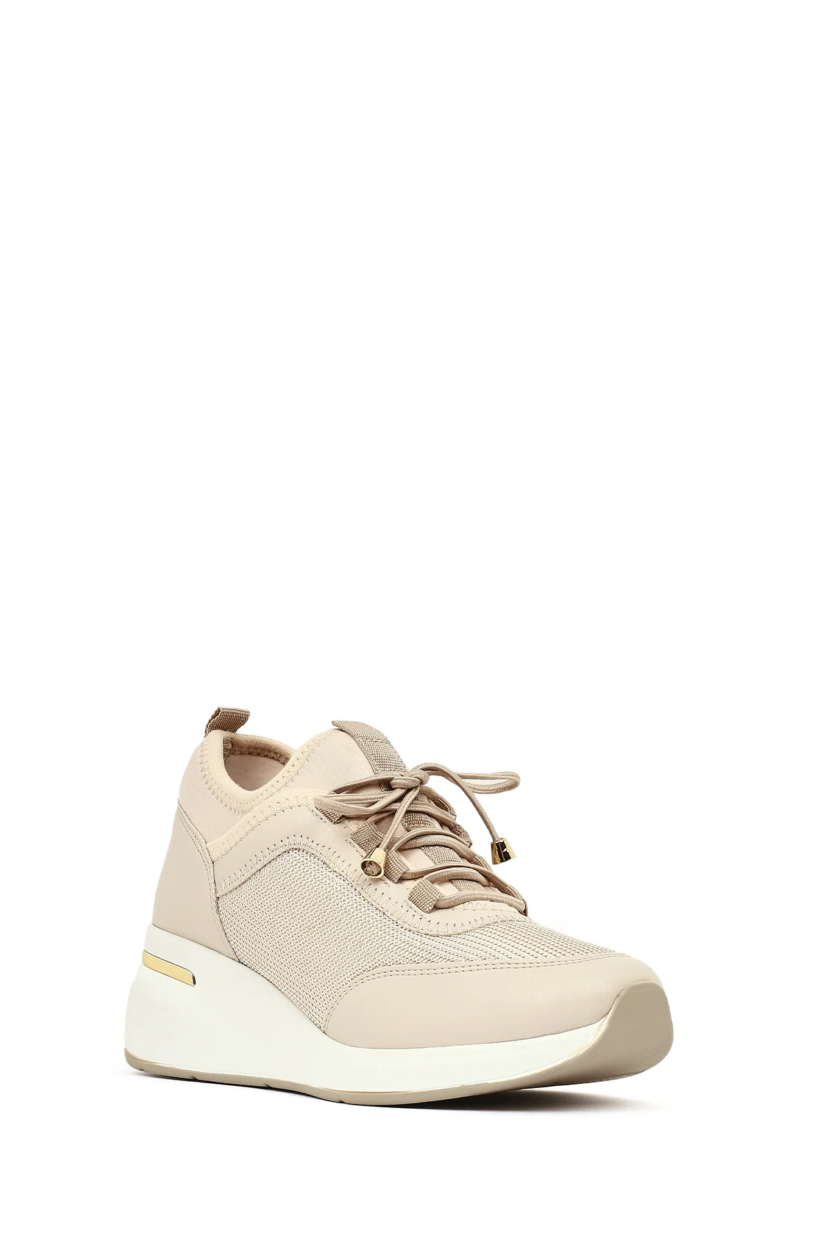 Kadın Bej Bağcıklı Dolgu Topuklu Sneaker - Image 7