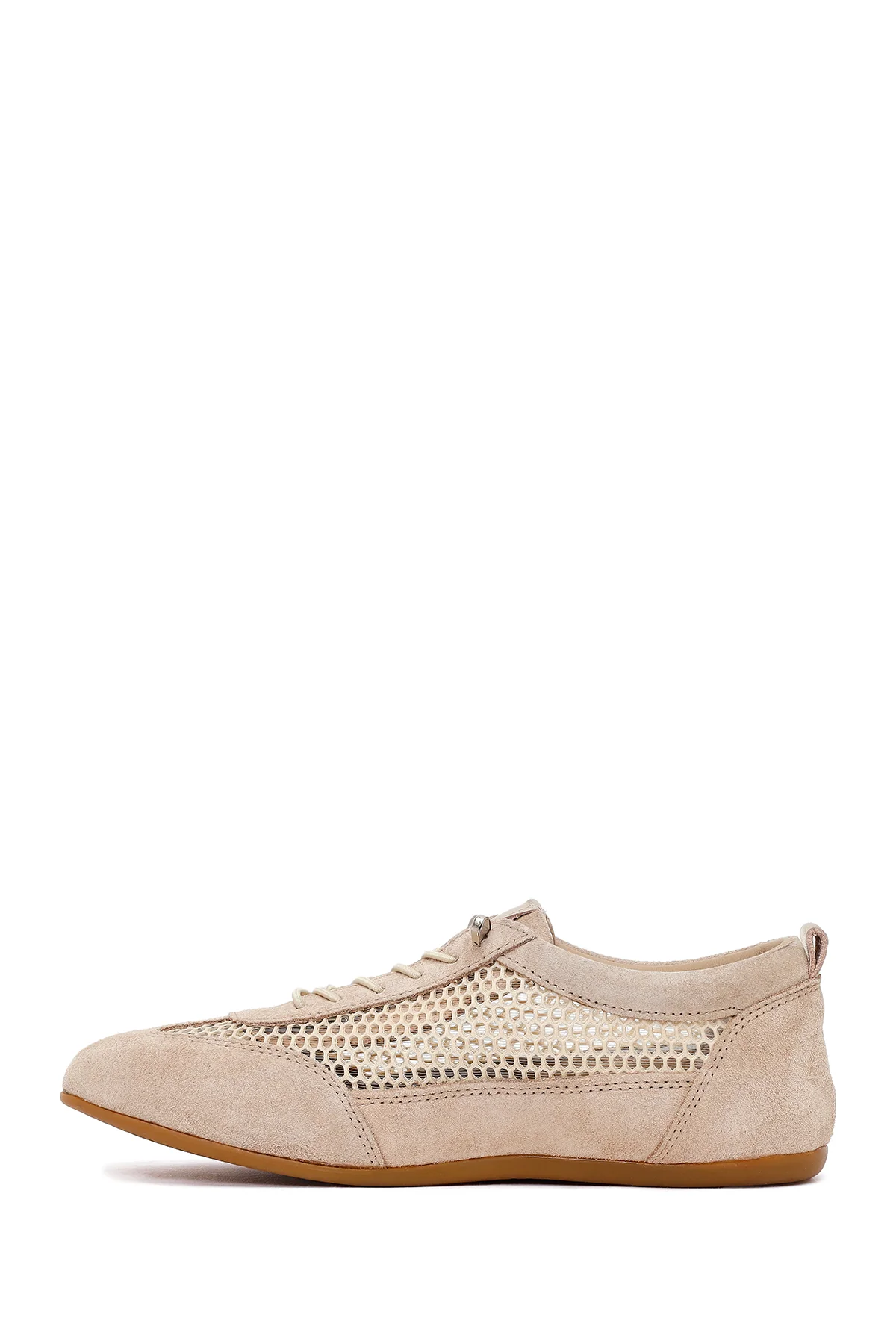 Kadın Bej Bağcıklı Fileli Deri Sneaker - Image 3